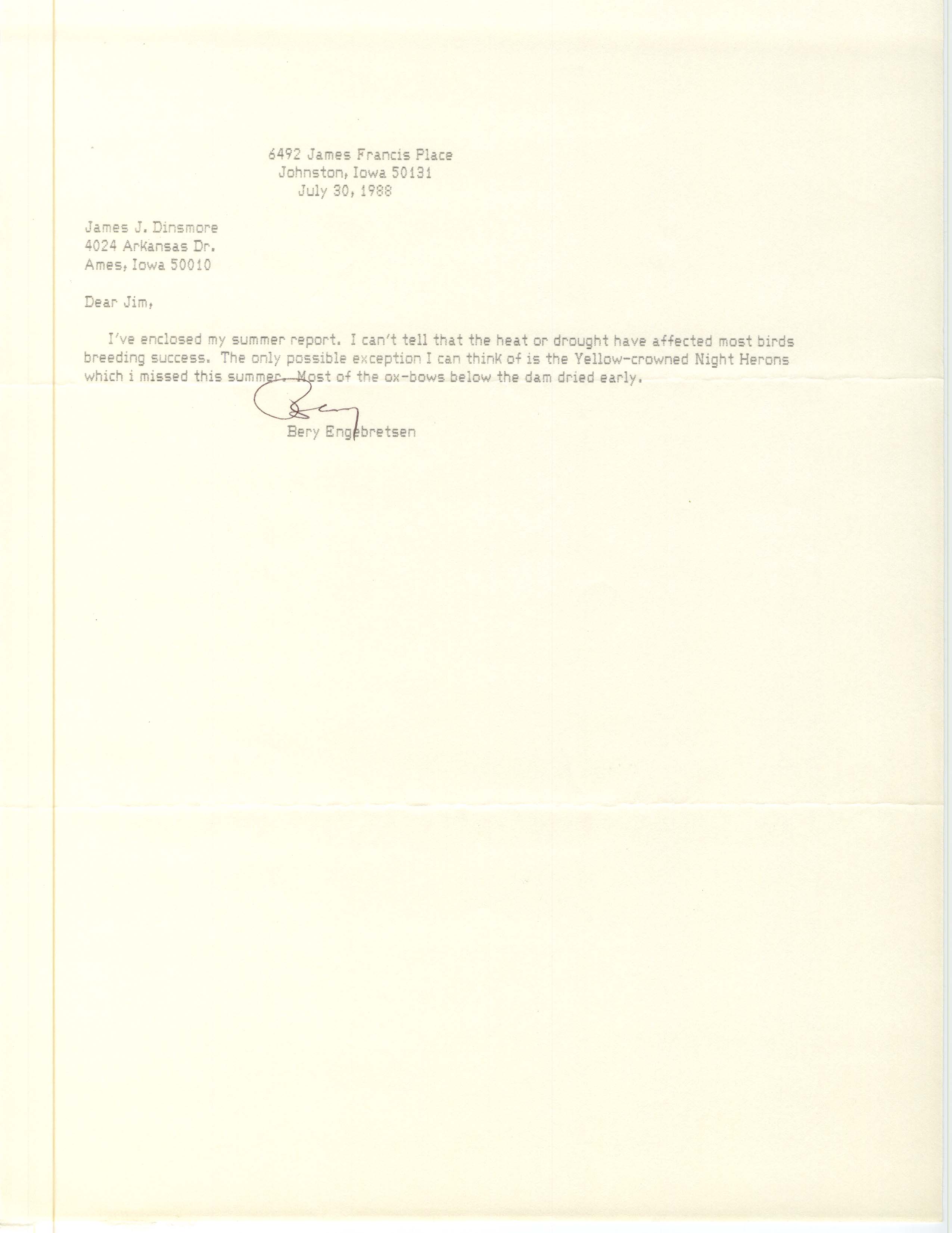 Field notes and Bery Engebretsen letter to James J. Dinsmore, July 30, 1988