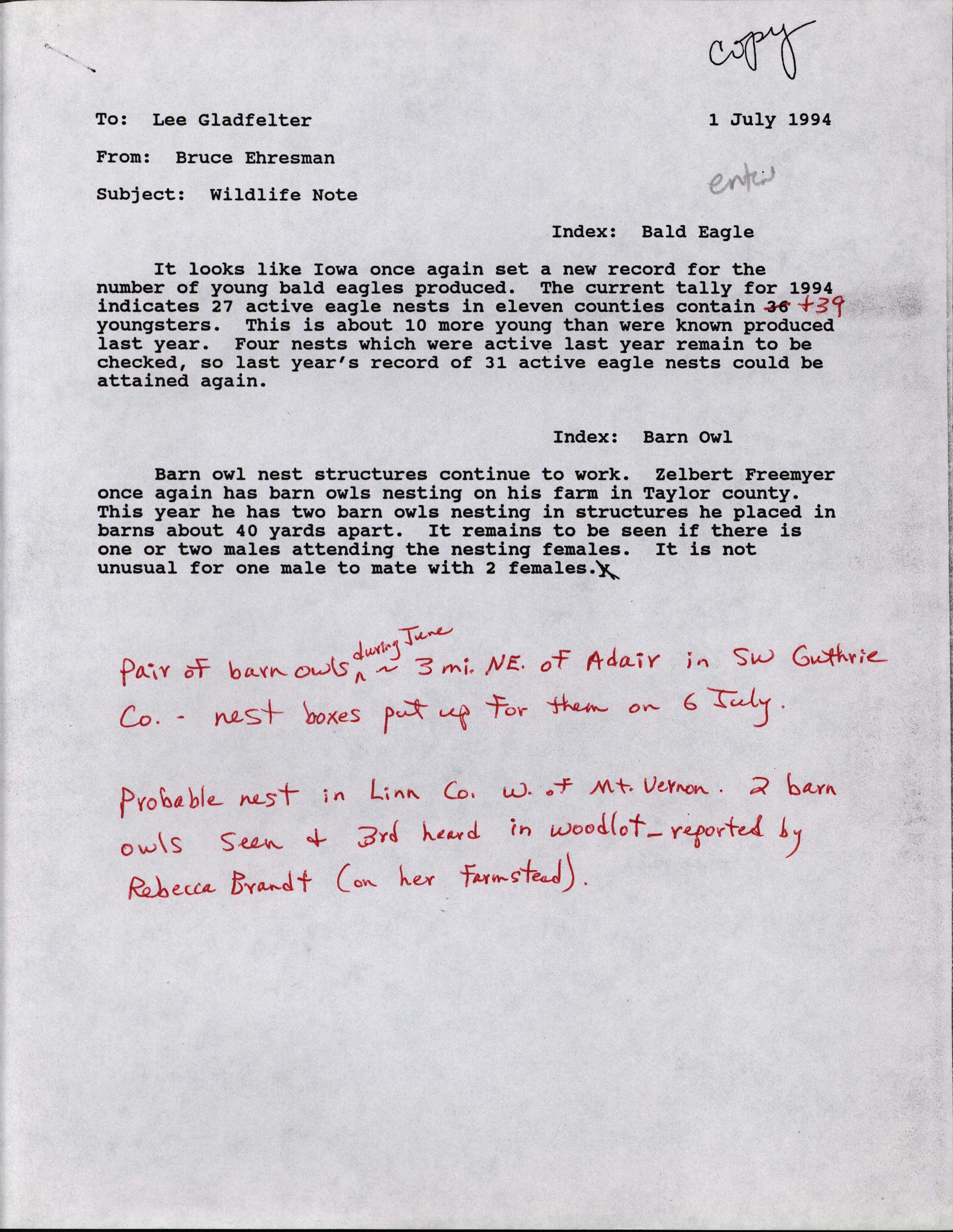 Bruce Ehresman letter to Lee Gladfelter regarding wildlife notes, July 1, 1994