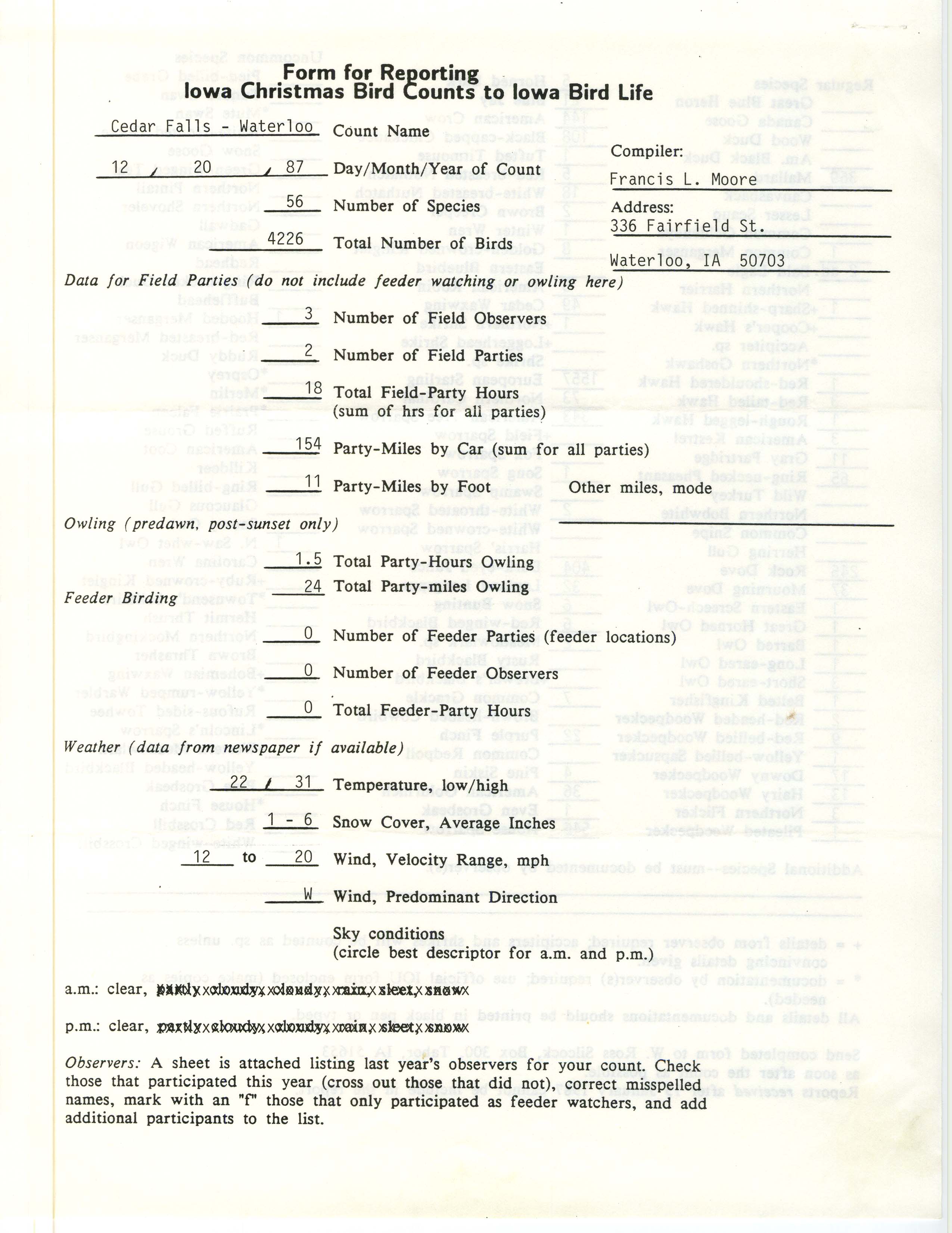 Form for reporting Iowa Christmas bird counts to Iowa Bird Life, Francis L. Moore, December 20, 1987