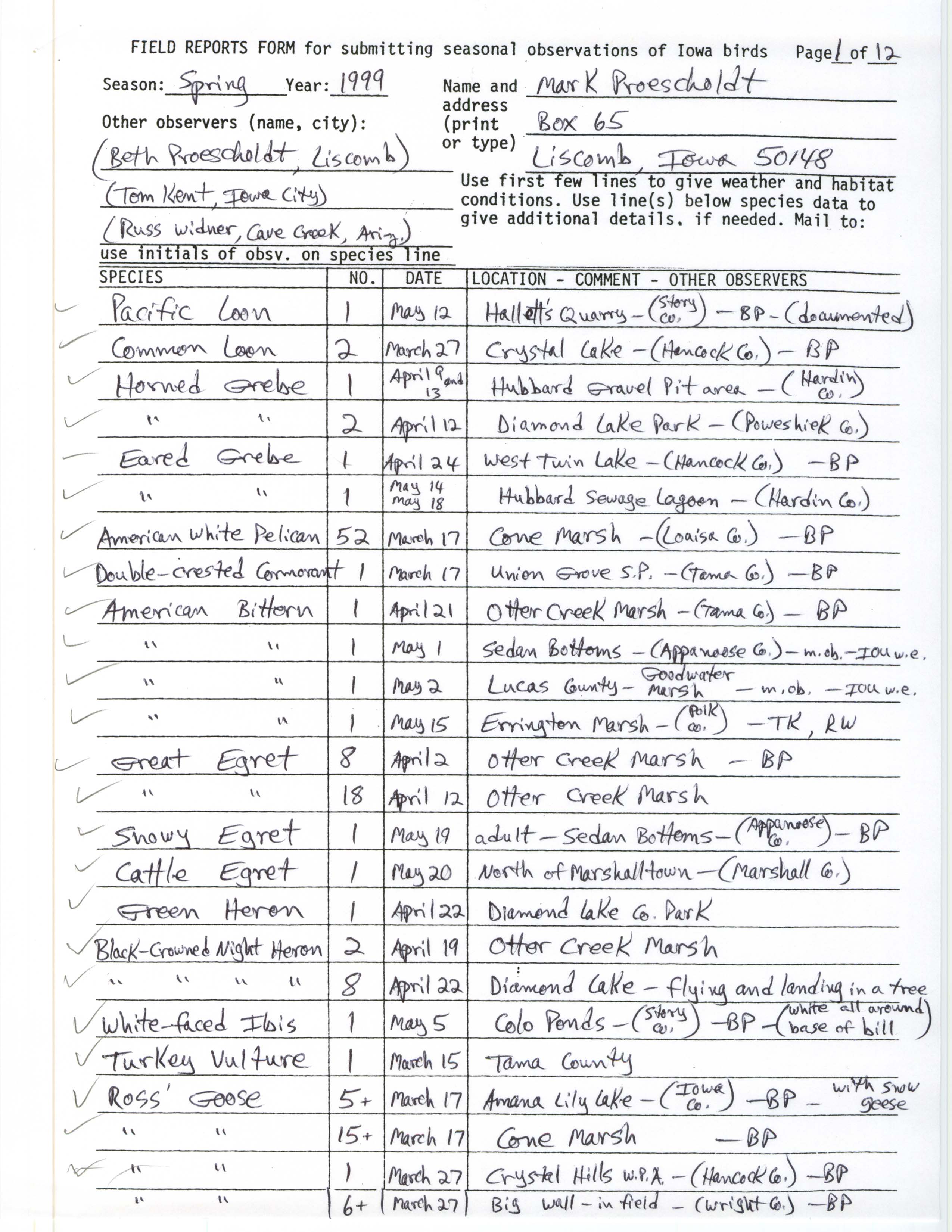 Field reports form for submitting seasonal observations of Iowa birds, Mark Proescholdt, spring 1999