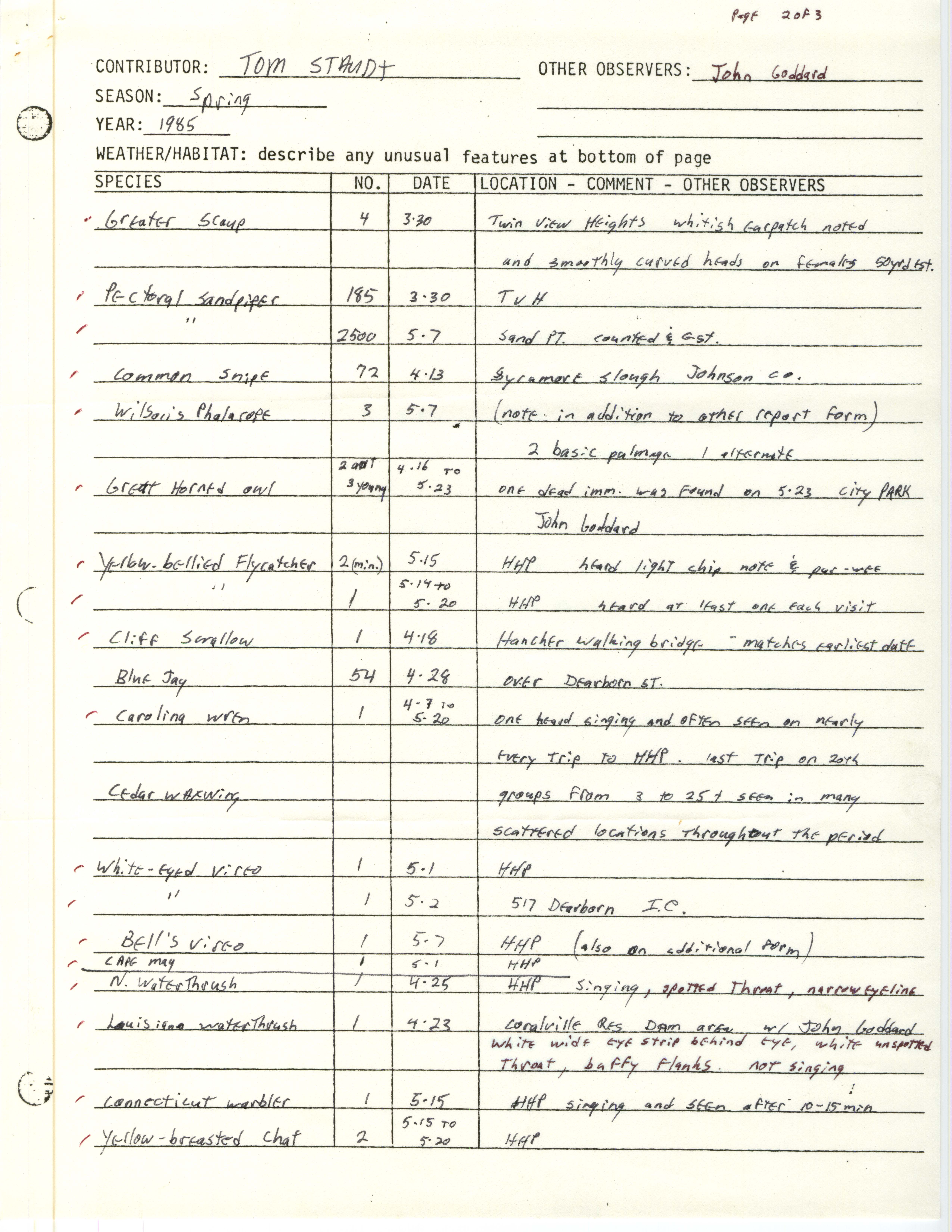 Field notes contributed by Tom Staudt, spring 1985