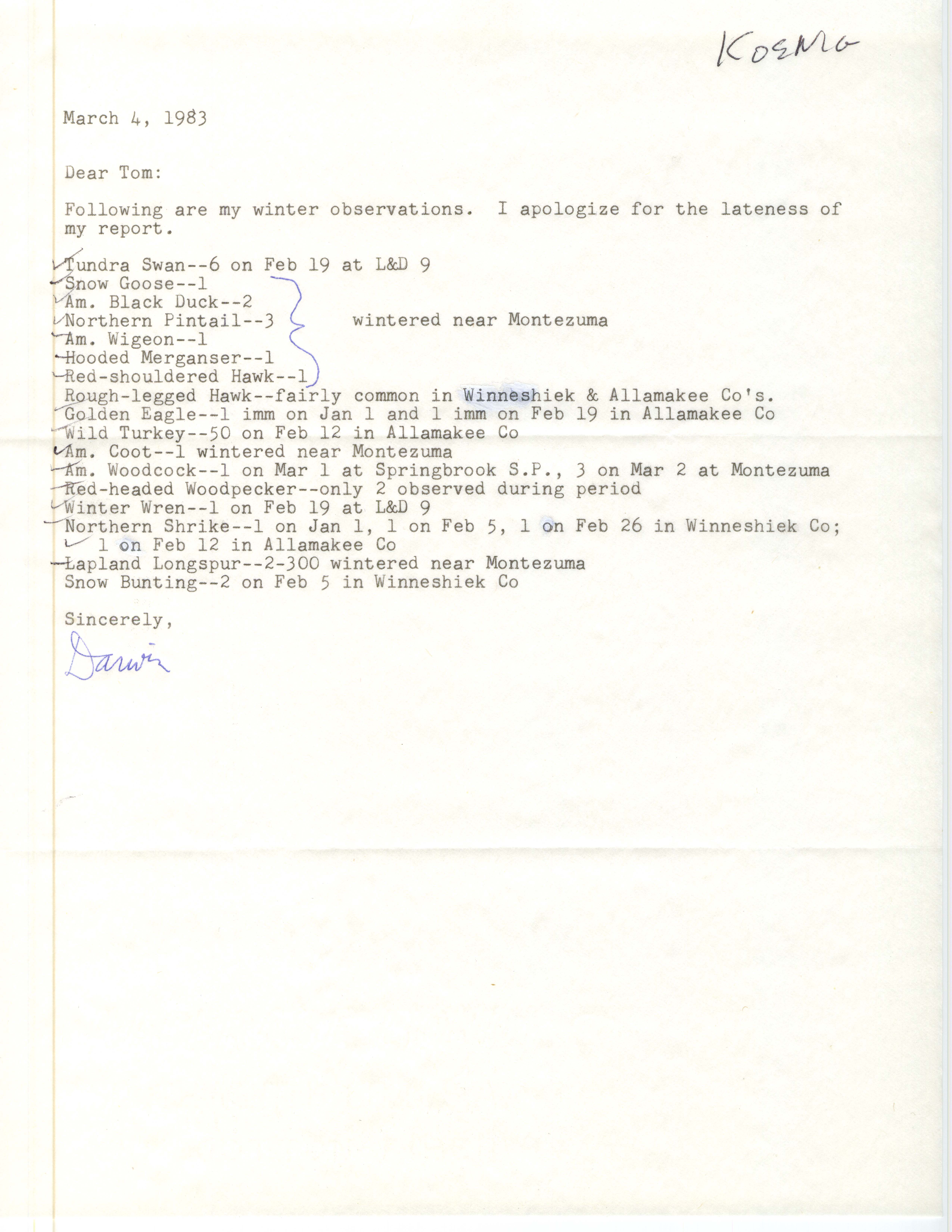 Darwin Koenig letter to Thomas H. Kent regarding winter bird sightings, March 4, 1983