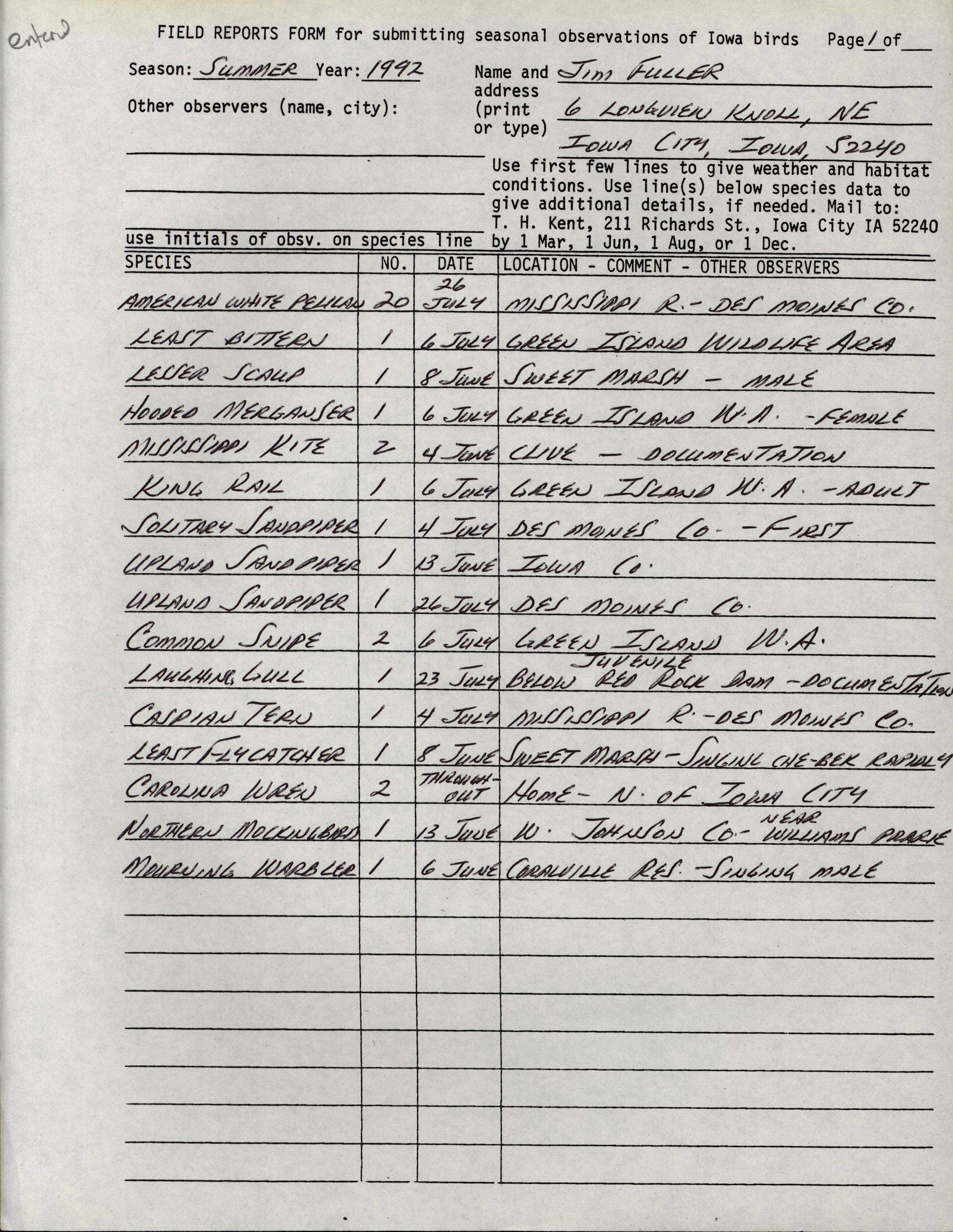 Field reports form for submitting seasonal observations of Iowa birds, James L. Fuller, summer 1992