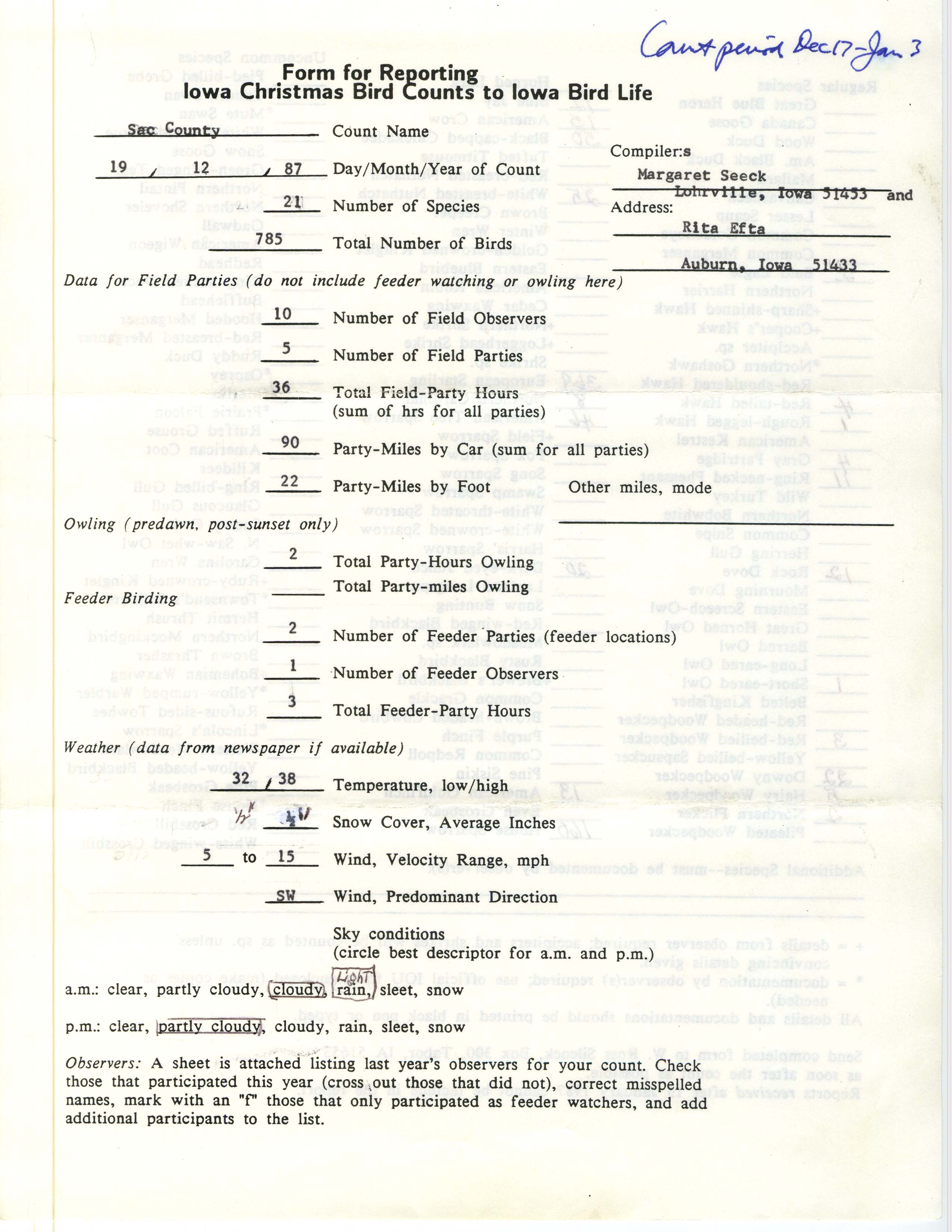 Form for reporting Iowa Christmas bird counts to Iowa Bird Life, Margaret Seeck and Rita E. Efta, December 19, 1987
