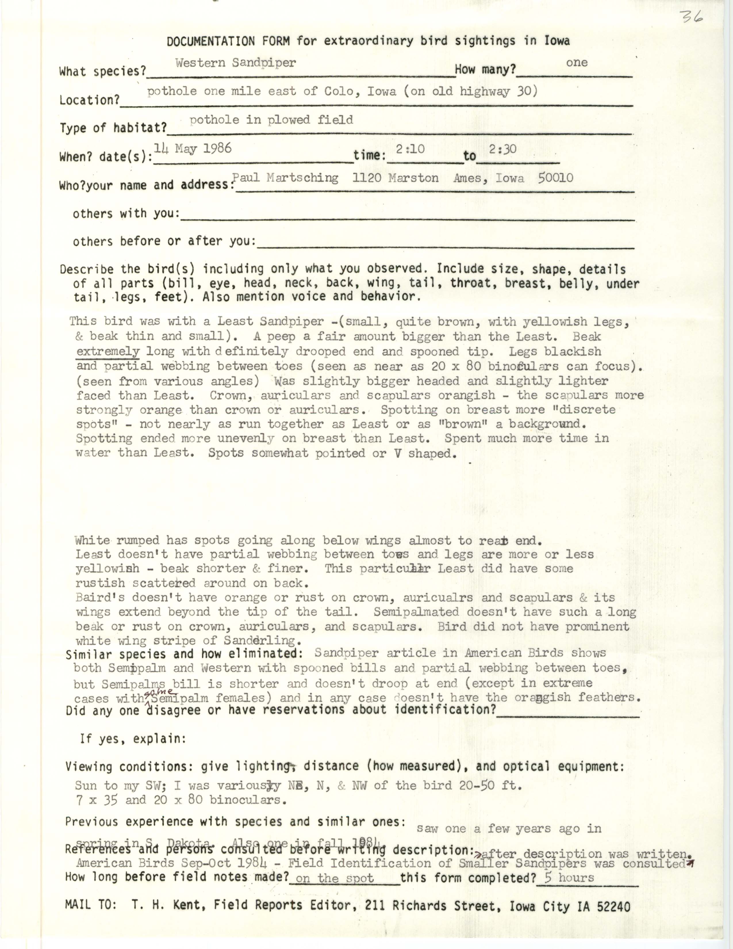 Rare bird documentation form for Western Sandpiper east of Colo, 1986