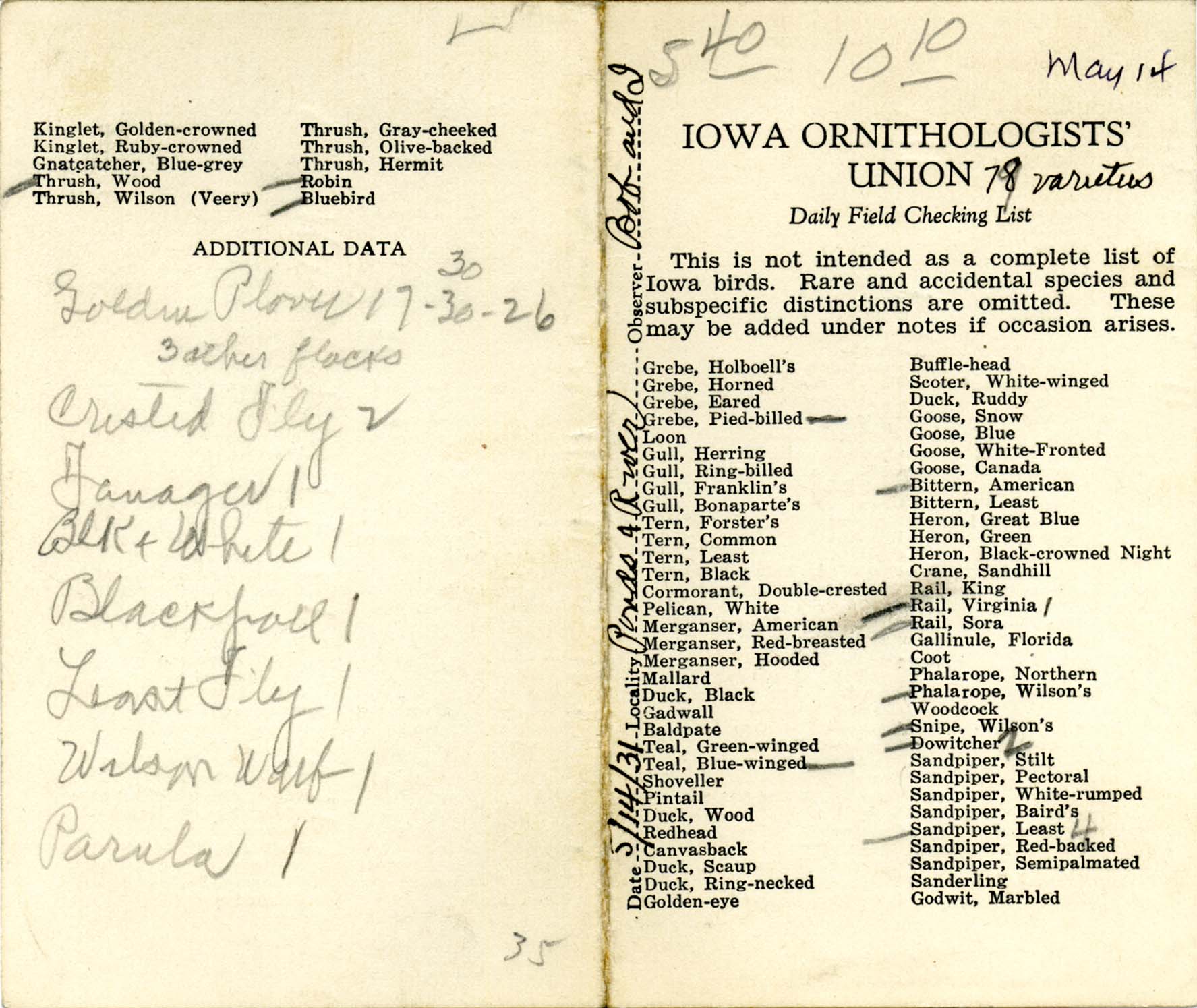 Daily field checking list, Walter Rosene, May 14, 1931