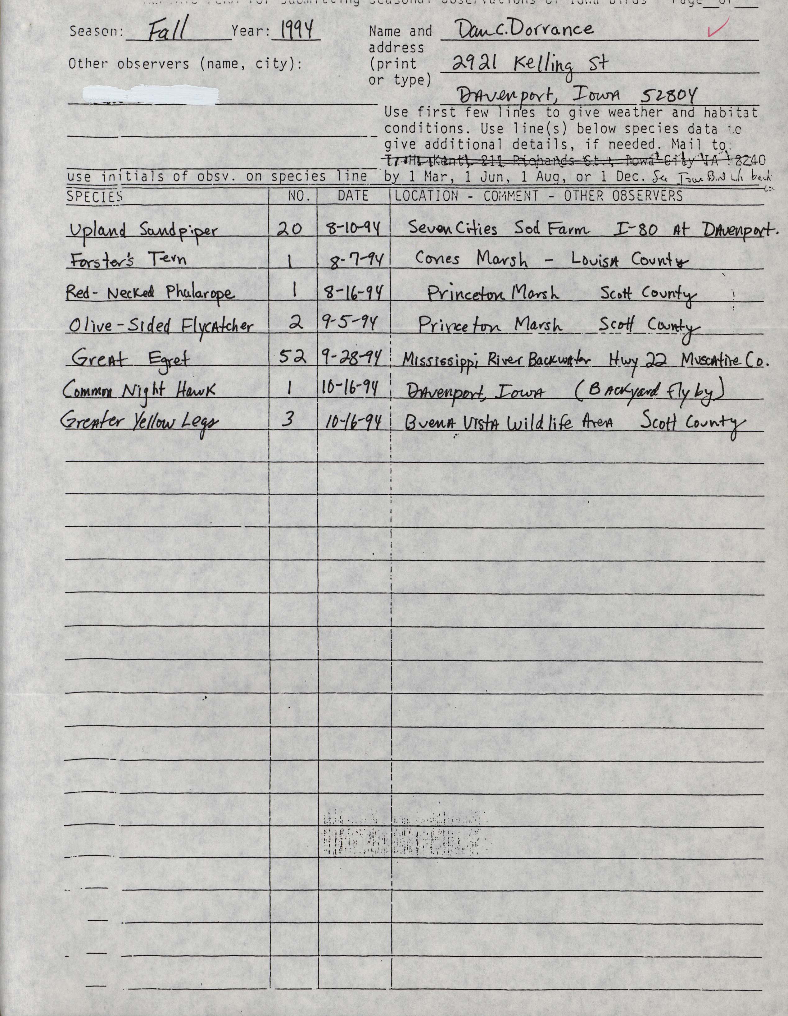 Field reports form for submitting seasonal observations of Iowa birds, Dan Dorrance, fall 1994
