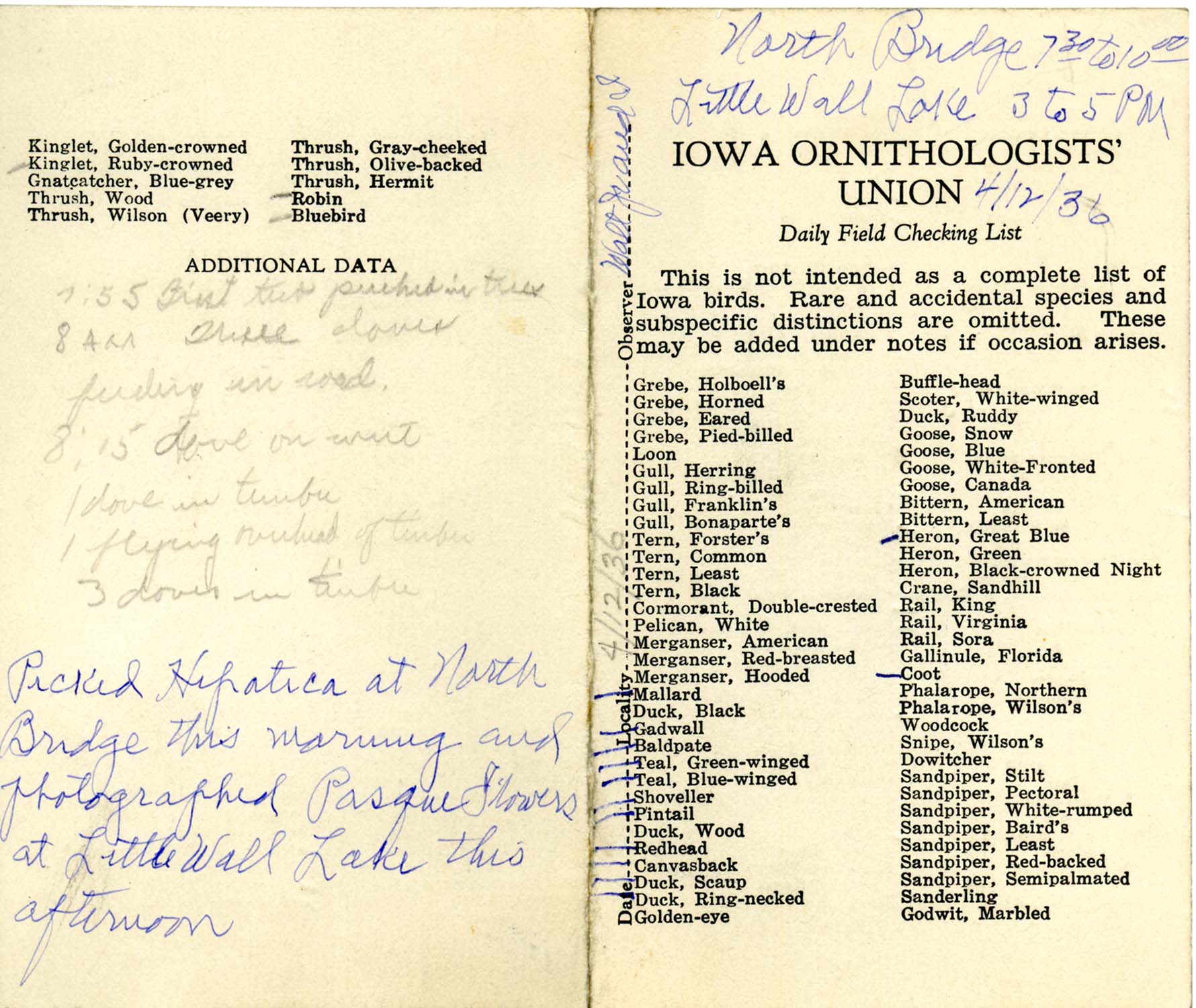 Daily field checking list by Walter Rosene, April 12, 1936