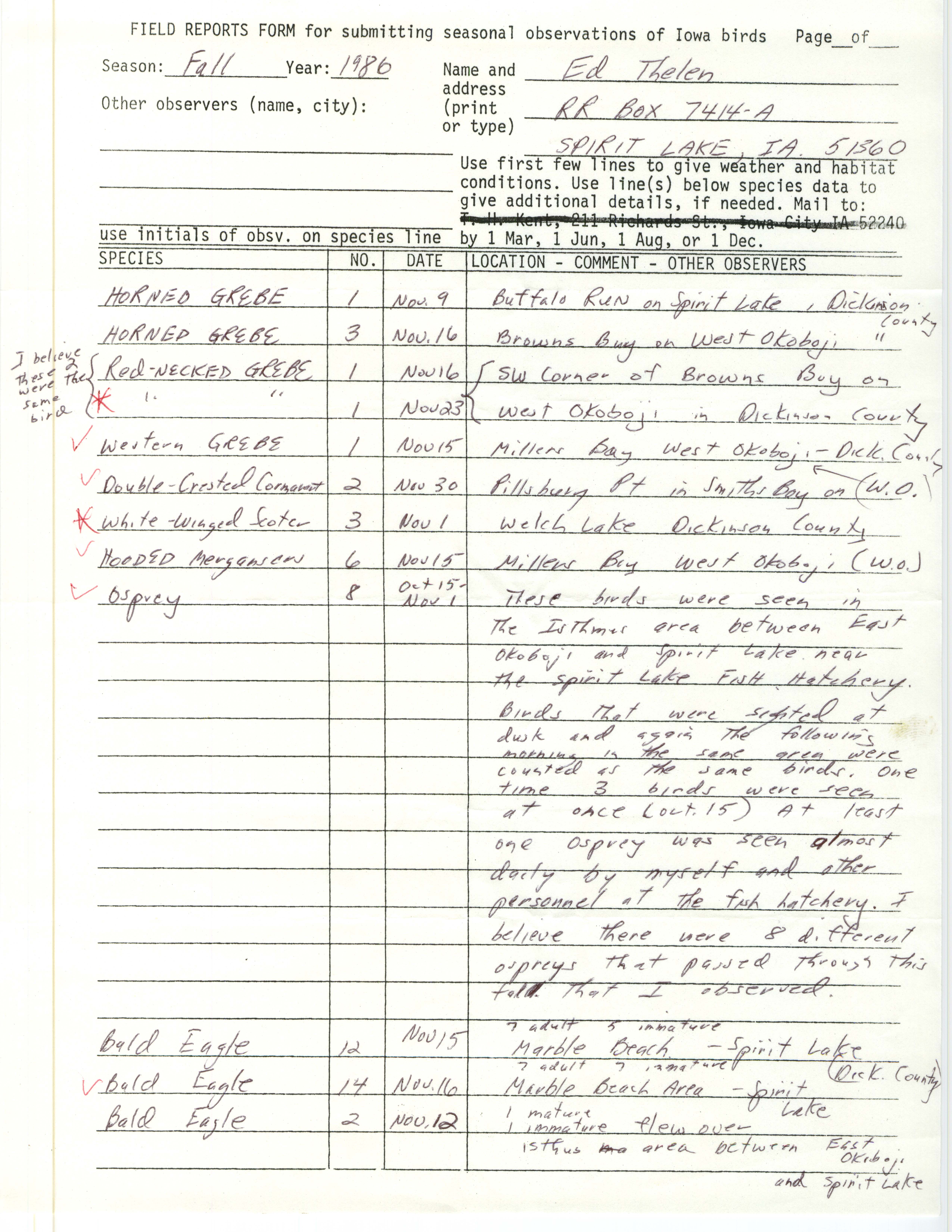 Field reports form for submitting seasonal observations of Iowa birds, Ed Thelen, fall 1986
