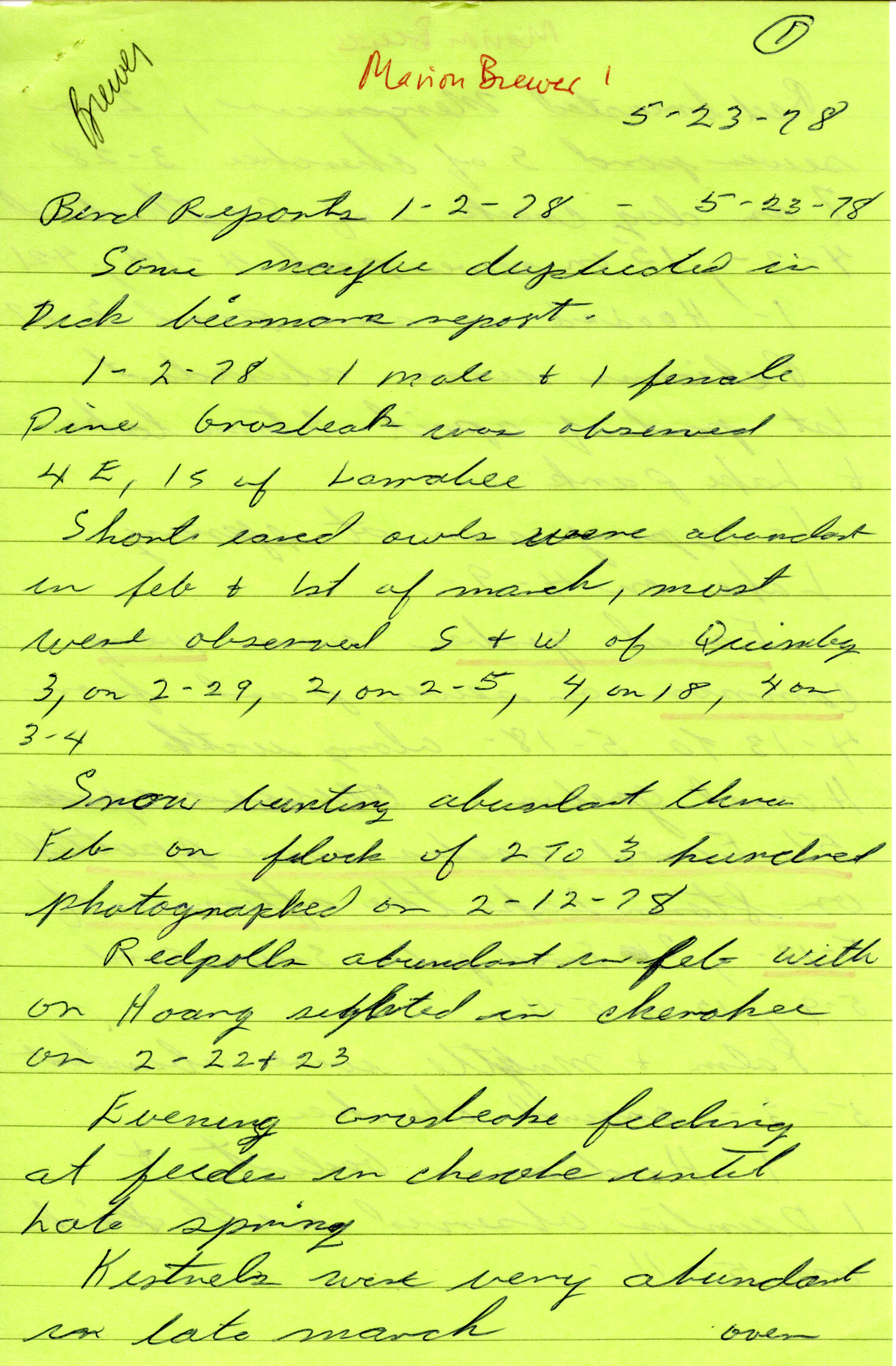 Bird report, January 2 to May 23, 1978