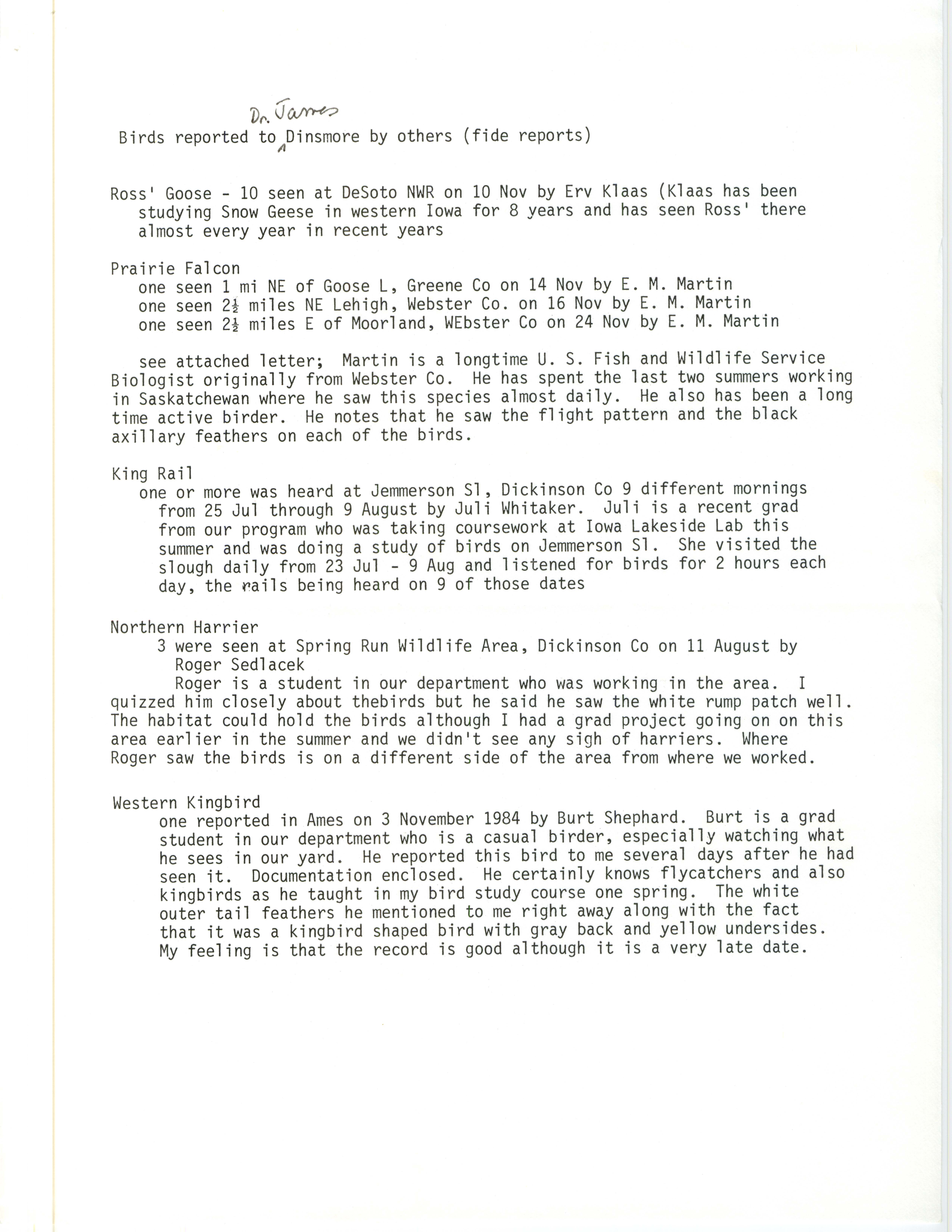 Birds reported to Dr. James Dinsmore by others (fide reports), fall 1984