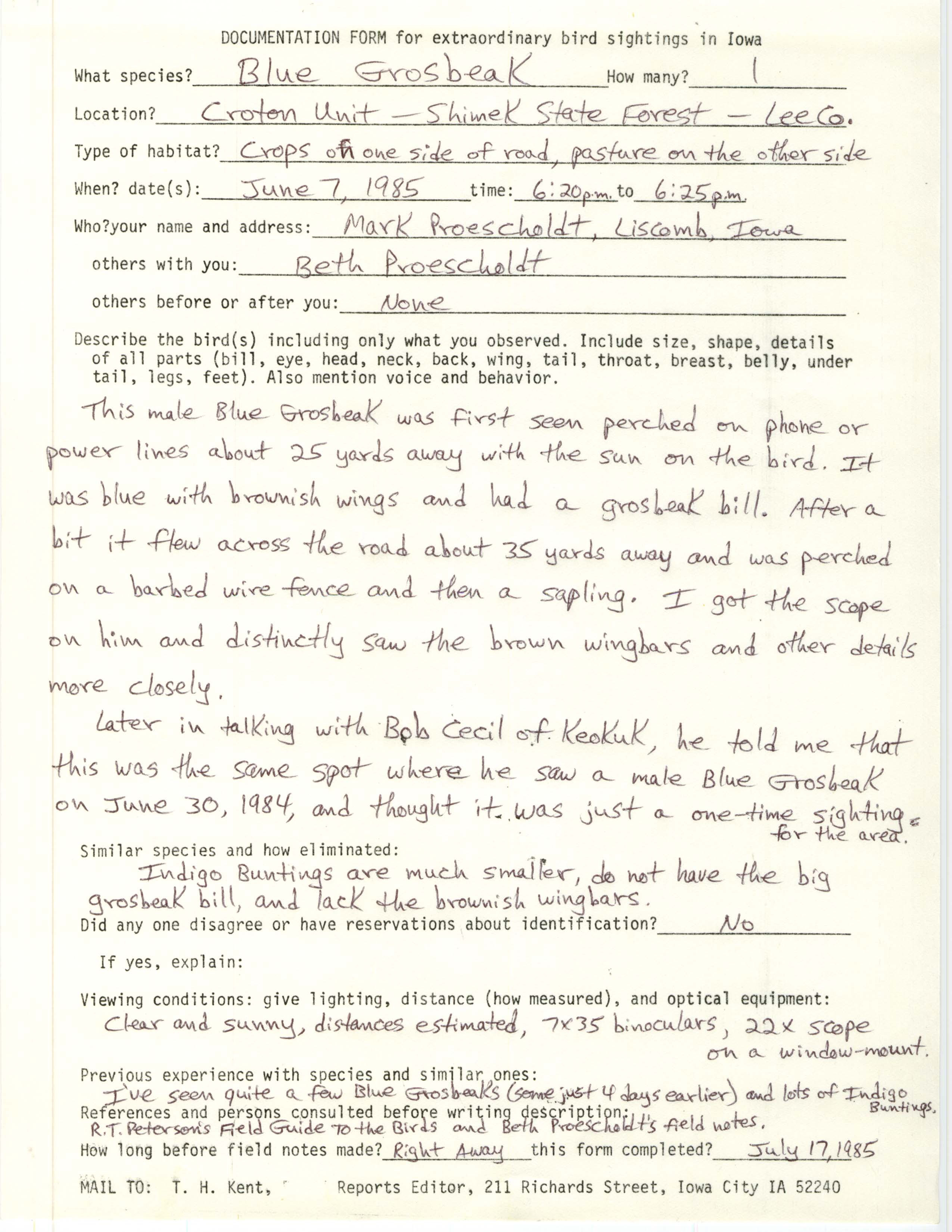 Rare bird documentation form for Blue Grosbeak at the Croton Unit of Shimek State Forest, 1985