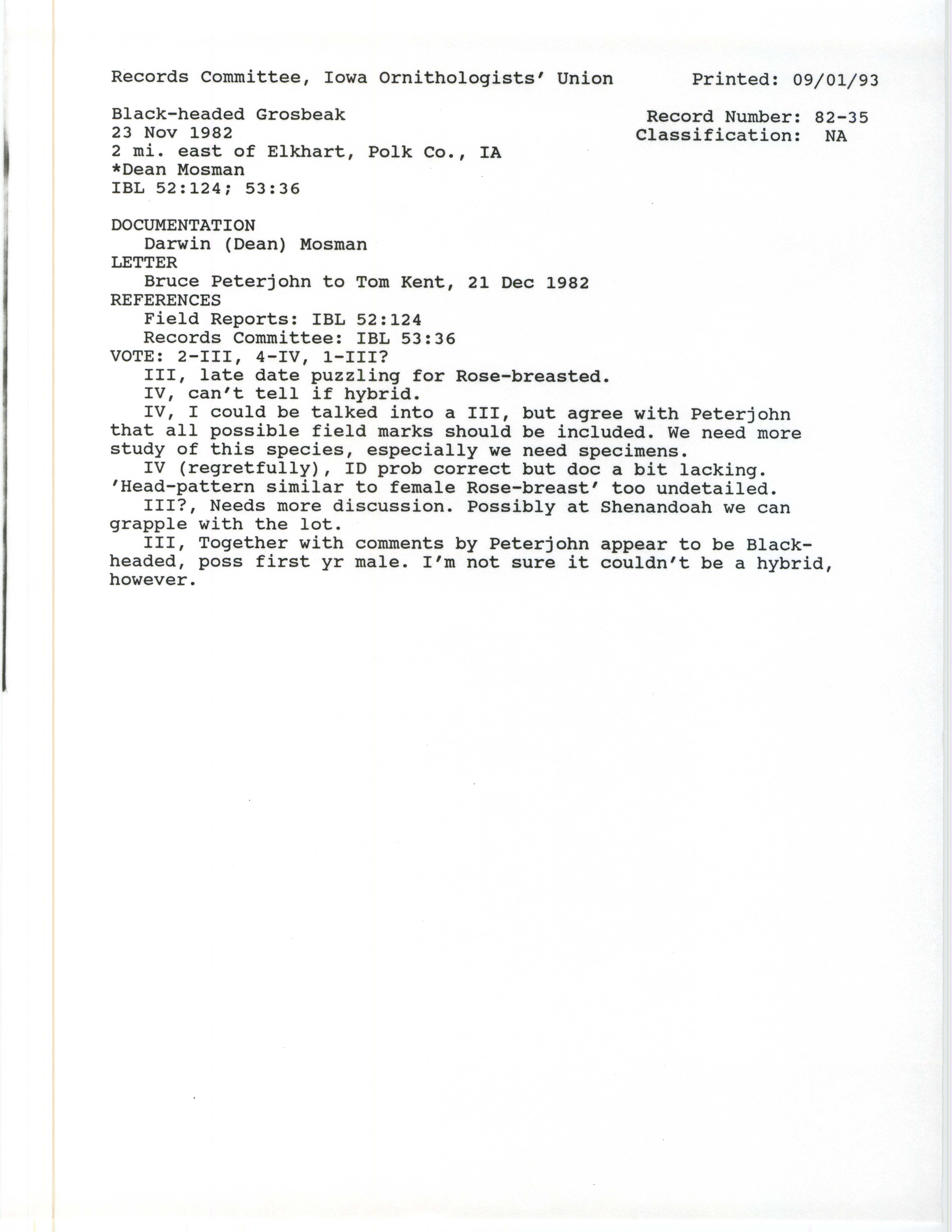 Records Committee review for rare bird sighting for Black-headed Grosbeak at Elkhart, 1982