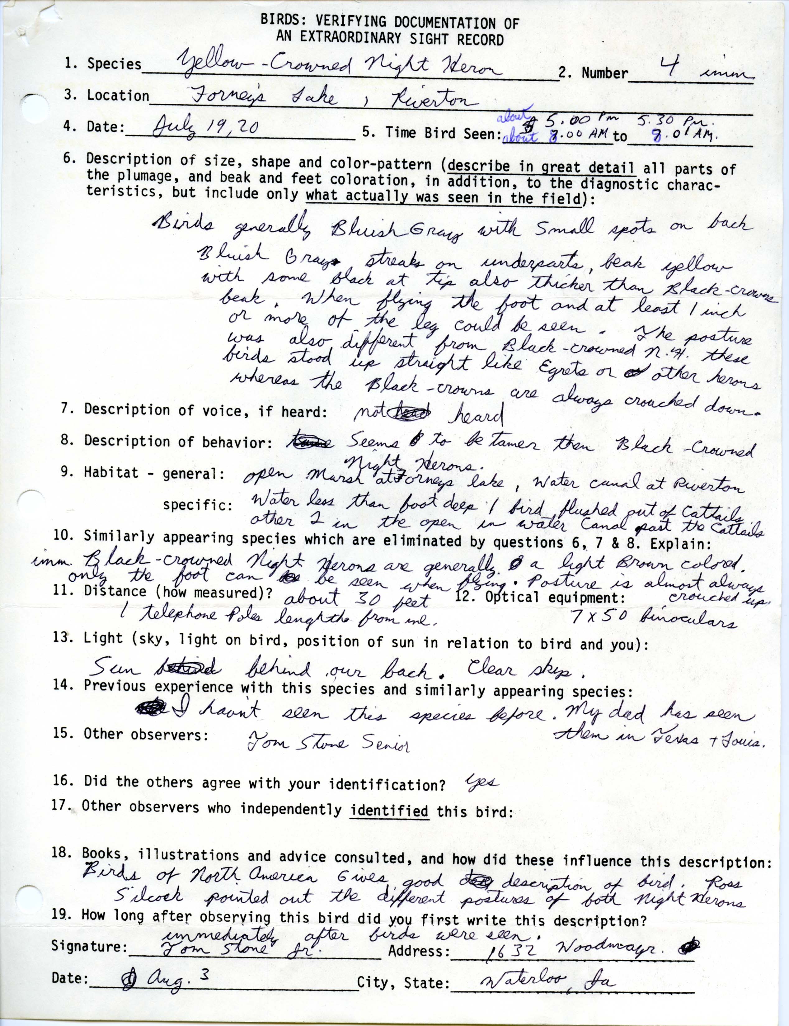 Rare bird documentation form by Tom Stone Jr. for Yellow-crowned Night Heron sightings at Forneys Lake and Riverton, 1979