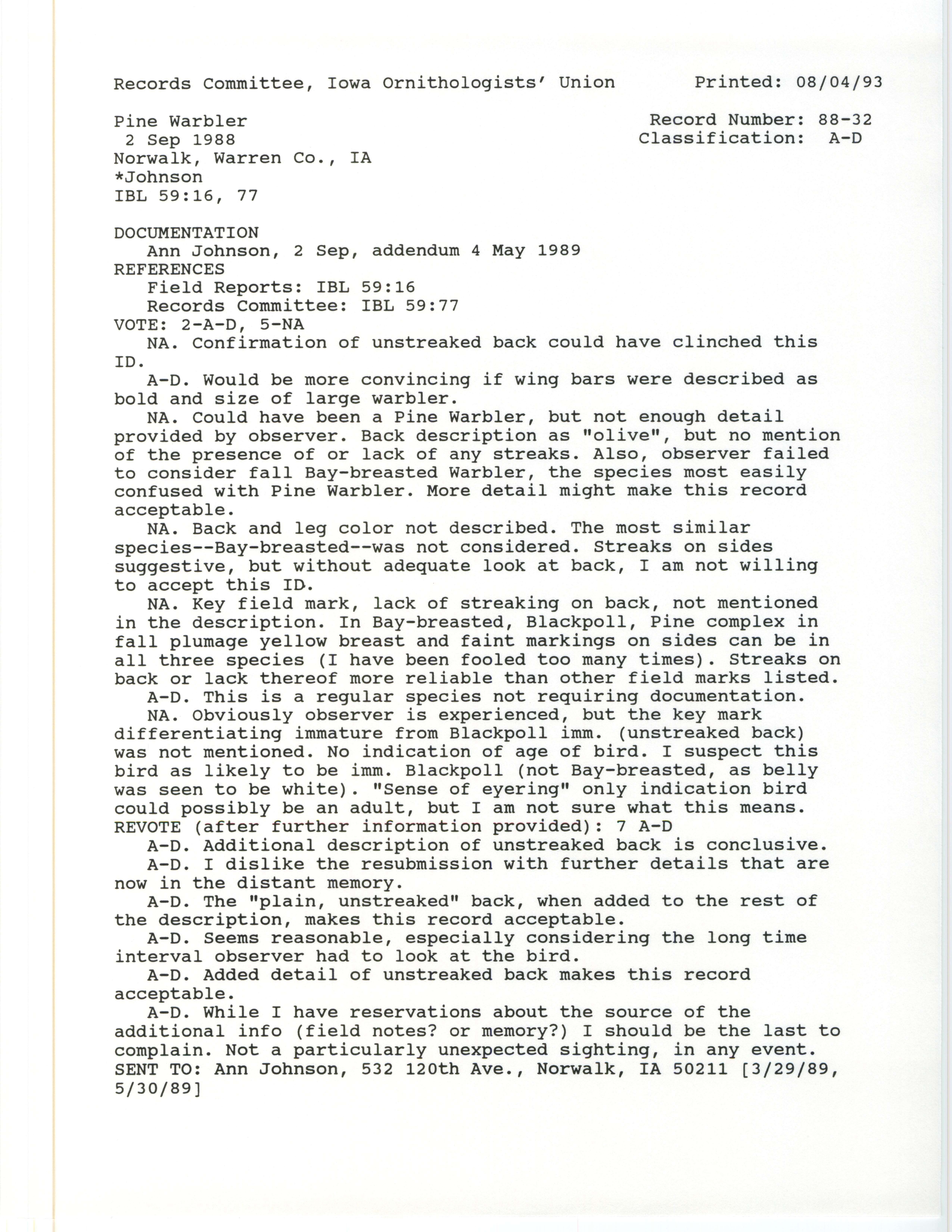 Records Committee review for rare bird sighting for Pine Warbler at Greenfield Township in Warren County, 1988