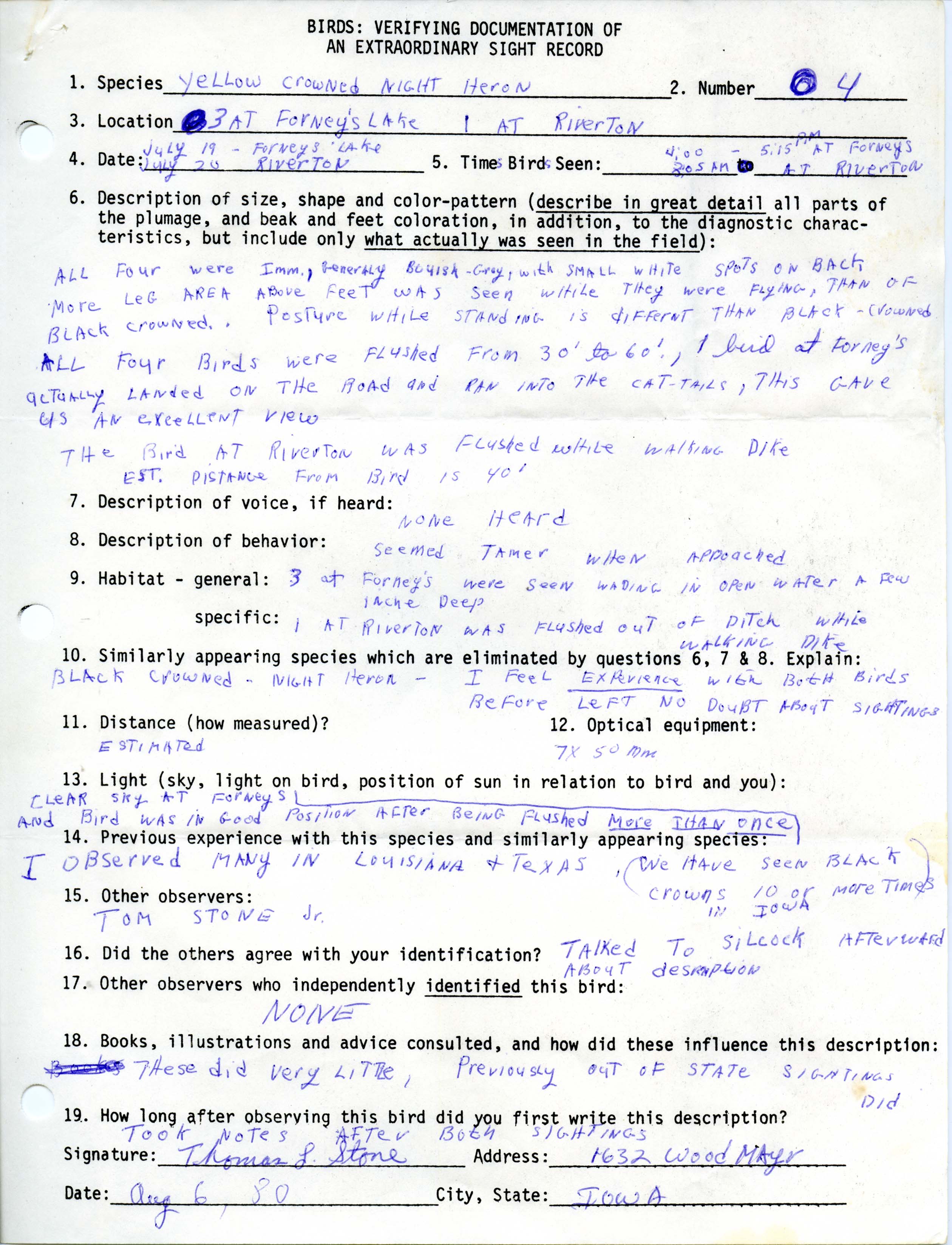 Rare bird documentation form for Yellow-crowned Night Heron sightings at Forneys Lake and Riverton in 1979