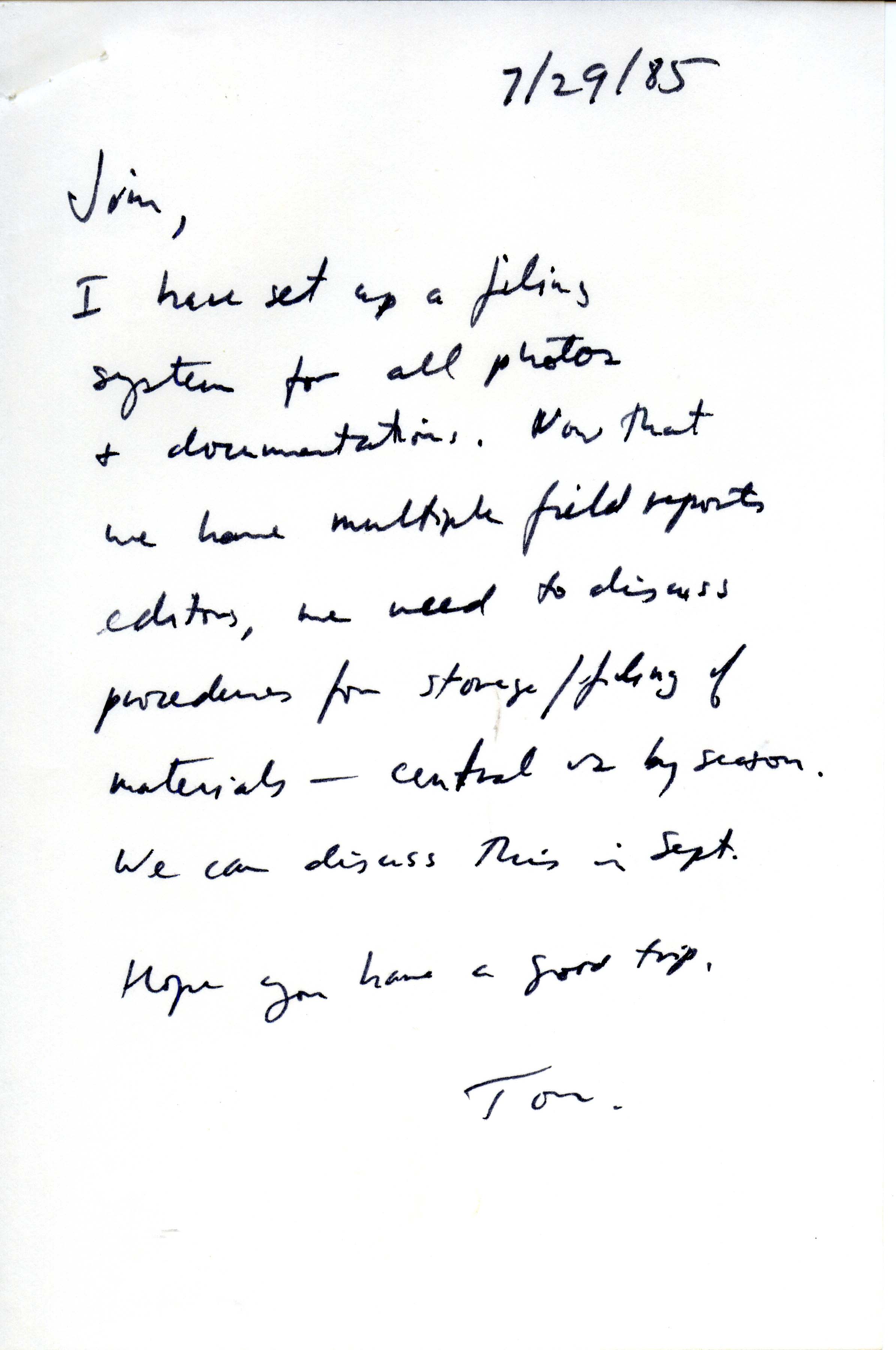 Field notes and Thomas H. Kent letter to James J. Dinsmore, July 29,1985