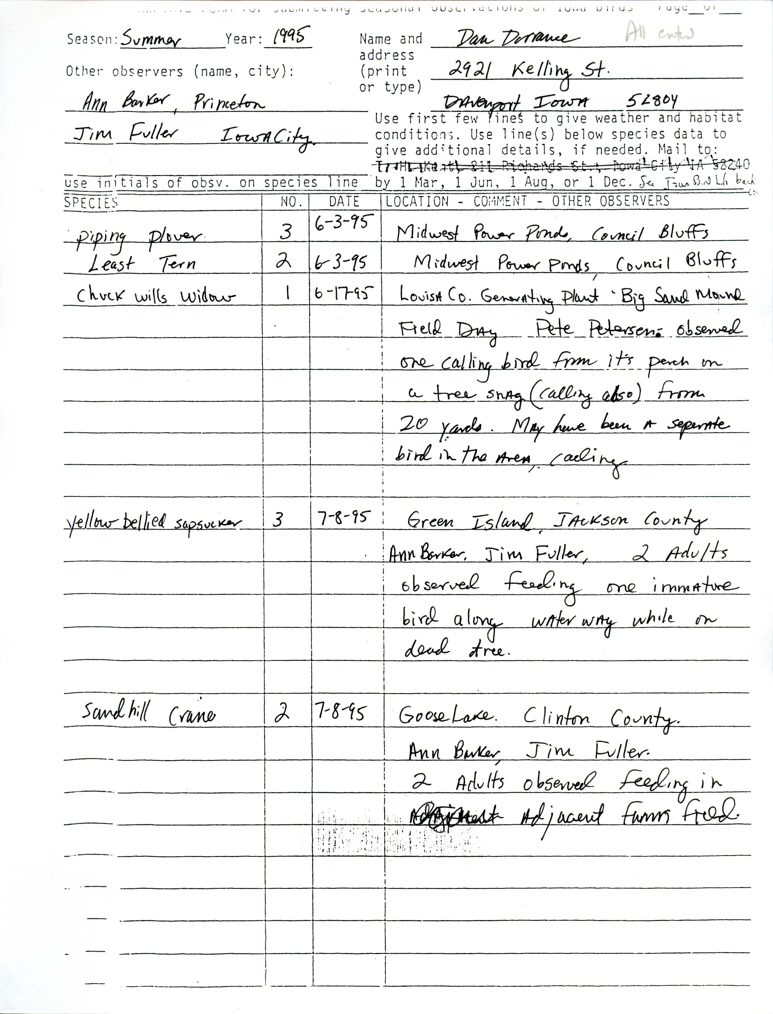 Field reports form for submitting seasonal observations of Iowa birds, summer 1995, Dan Dorrance