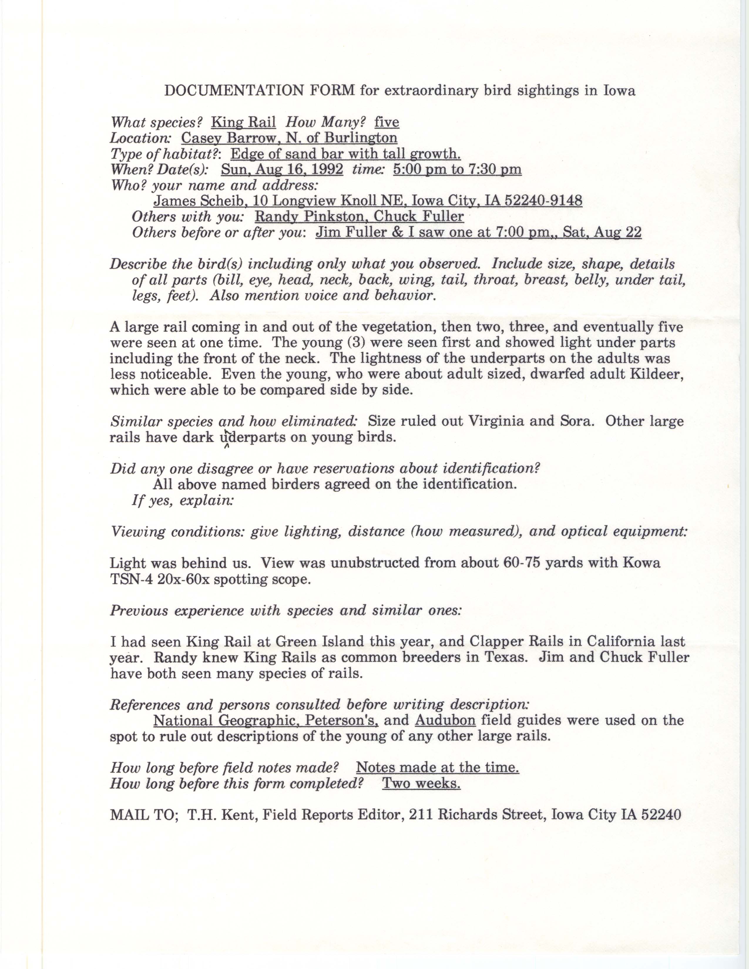 Rare bird documentation form for King Rail at Casey Barrow, 1992