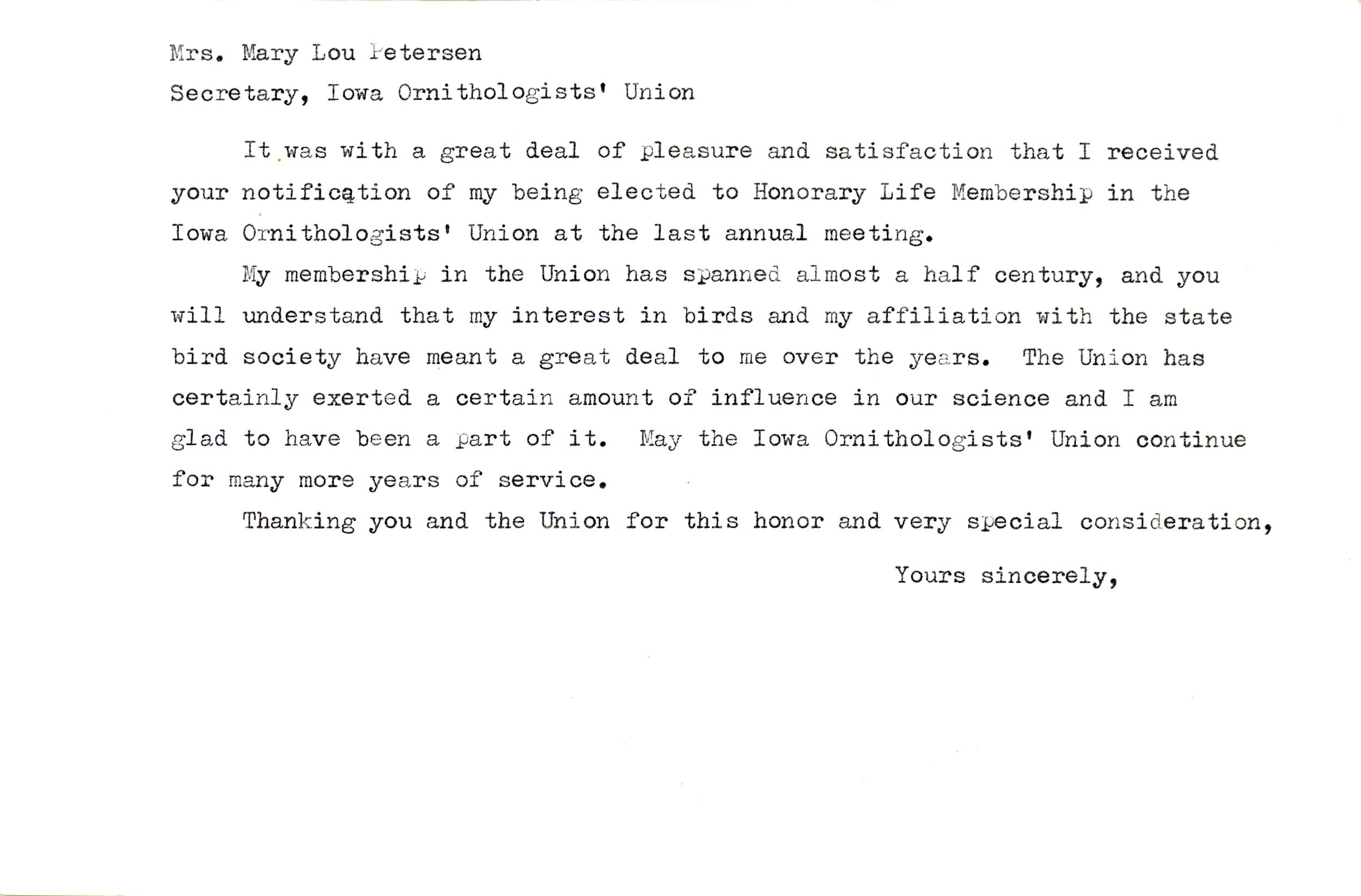Oscar Allert letter to Mary Lou Petersen regarding honorary membership in the Iowa Ornithologists' Union
