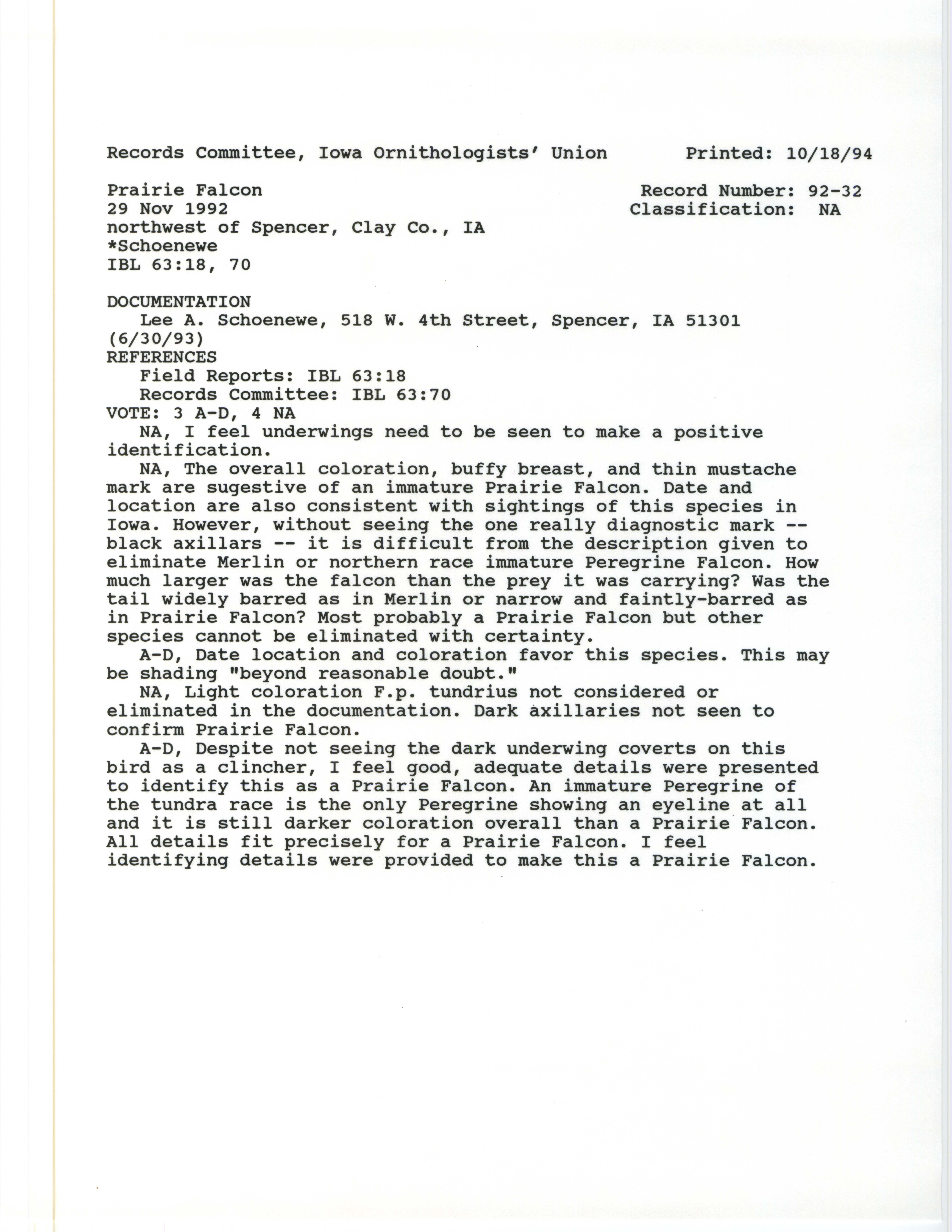 Records Committee review for rare bird sighting of Prairie Falcon northwest of Spencer, 1992