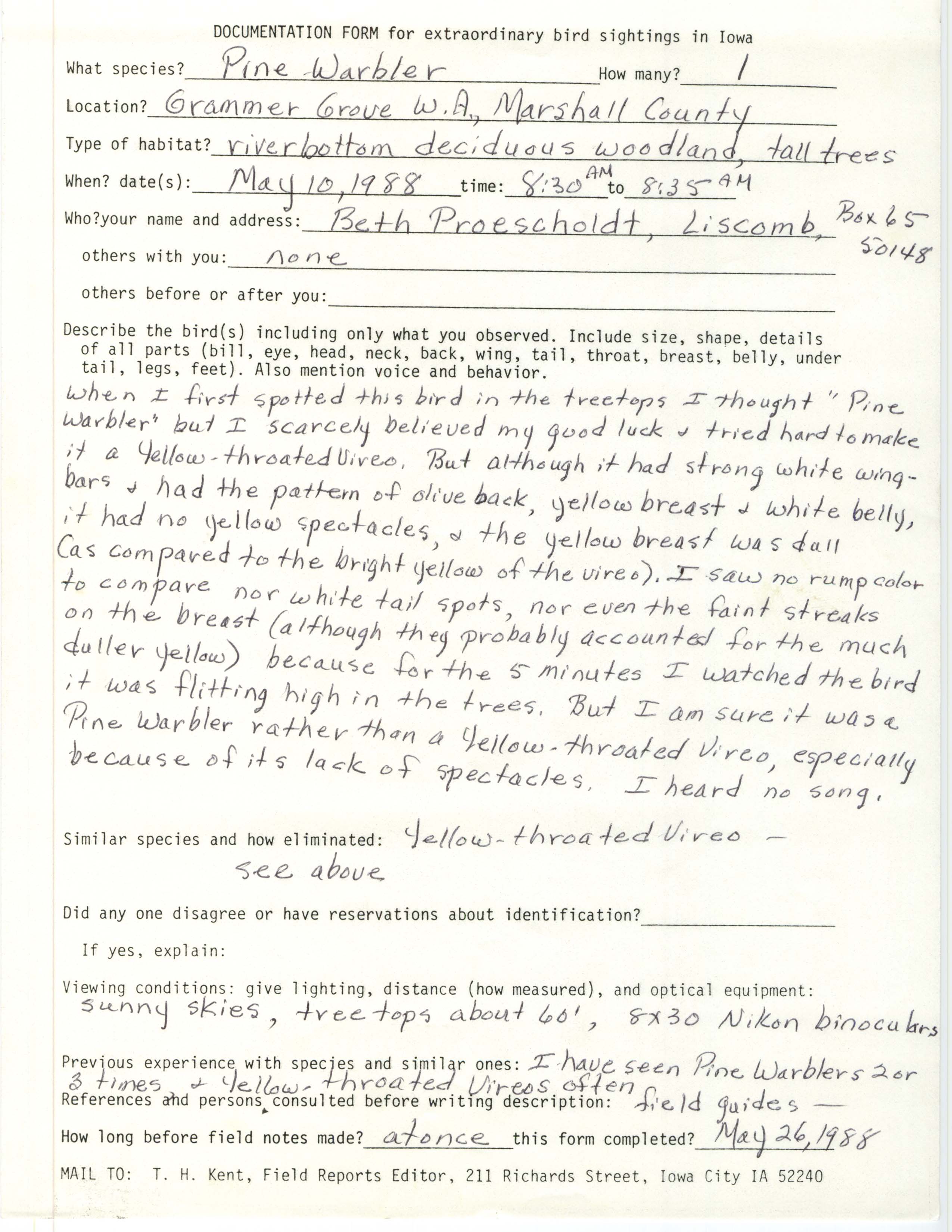 Rare bird documentation form for Pine Warbler at Grammer Grove Wildlife Area, 1988