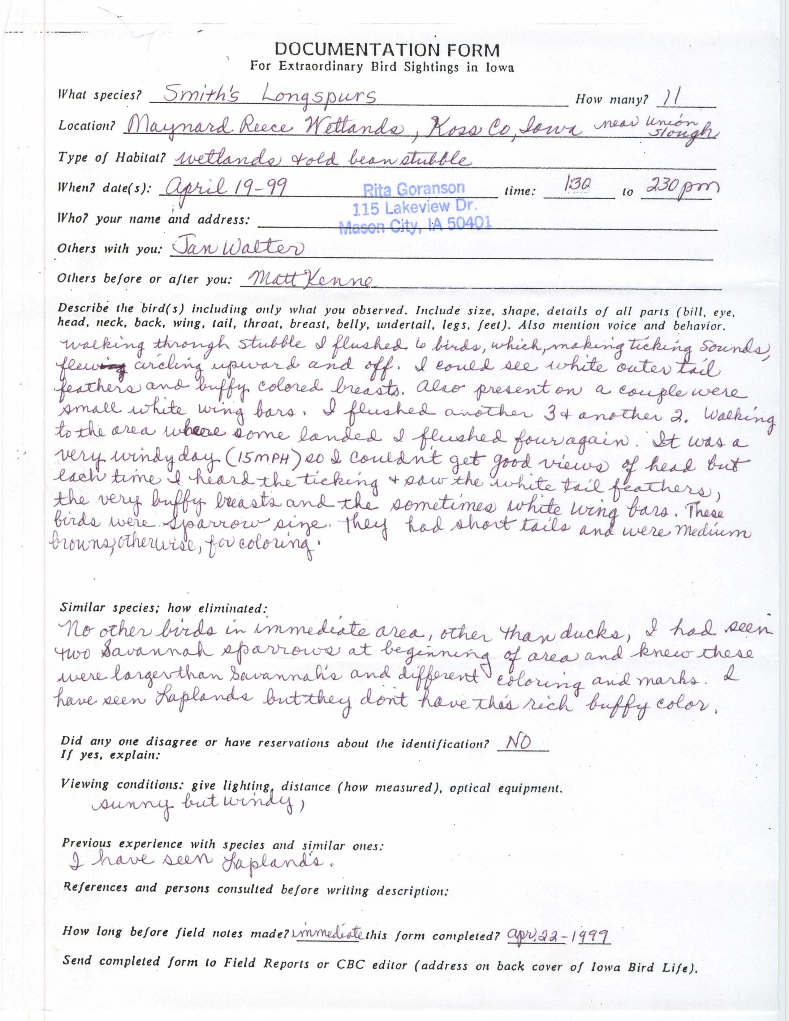Rare bird documentation form for Smith's Longspurs at Maynard Reese Waterfowl Production Area, 1999
