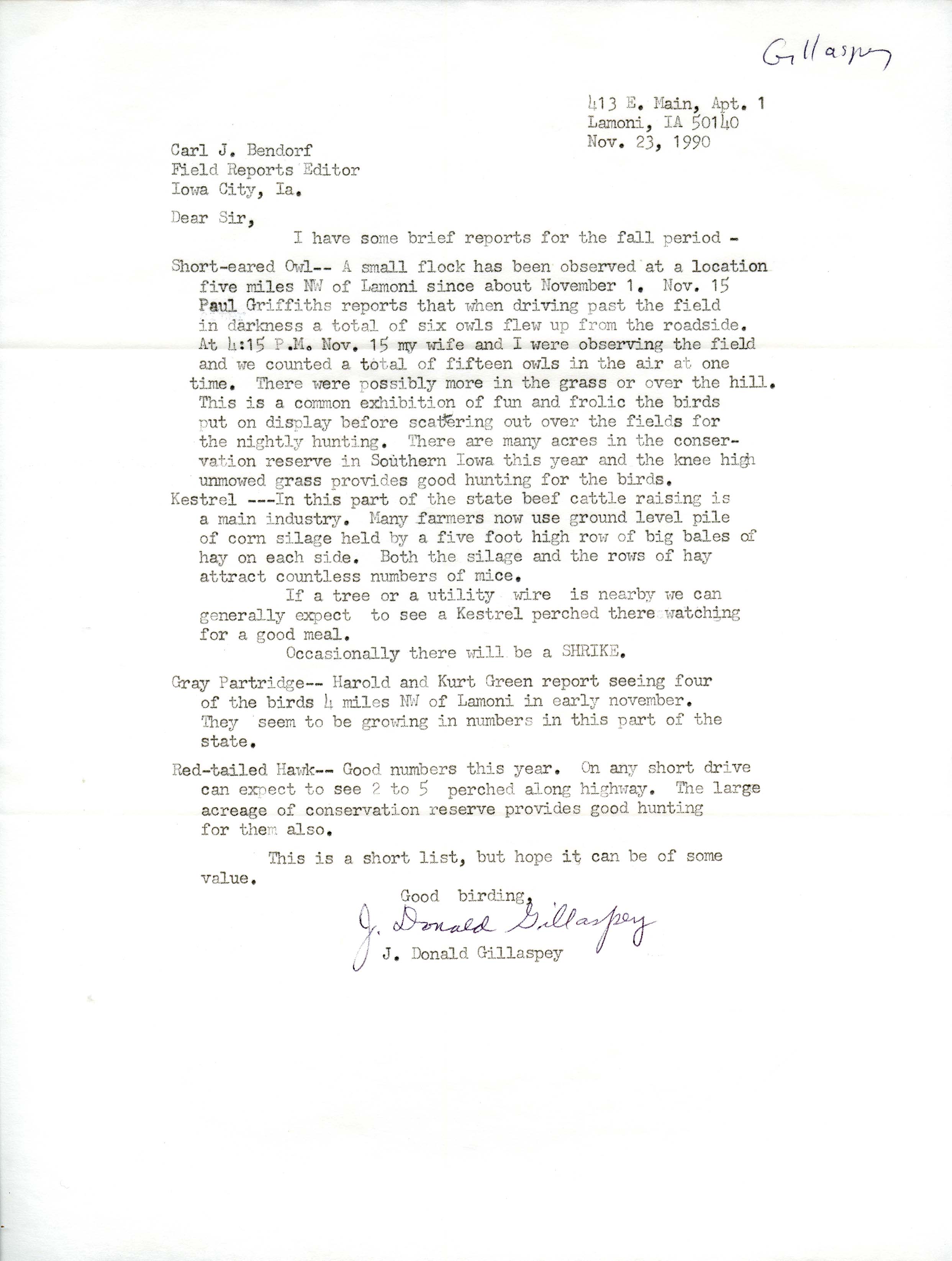 J. Donald Gillaspey letter to Carl J. Bendorf regarding bird sightings in Lamoni, IA, November 23, 1990