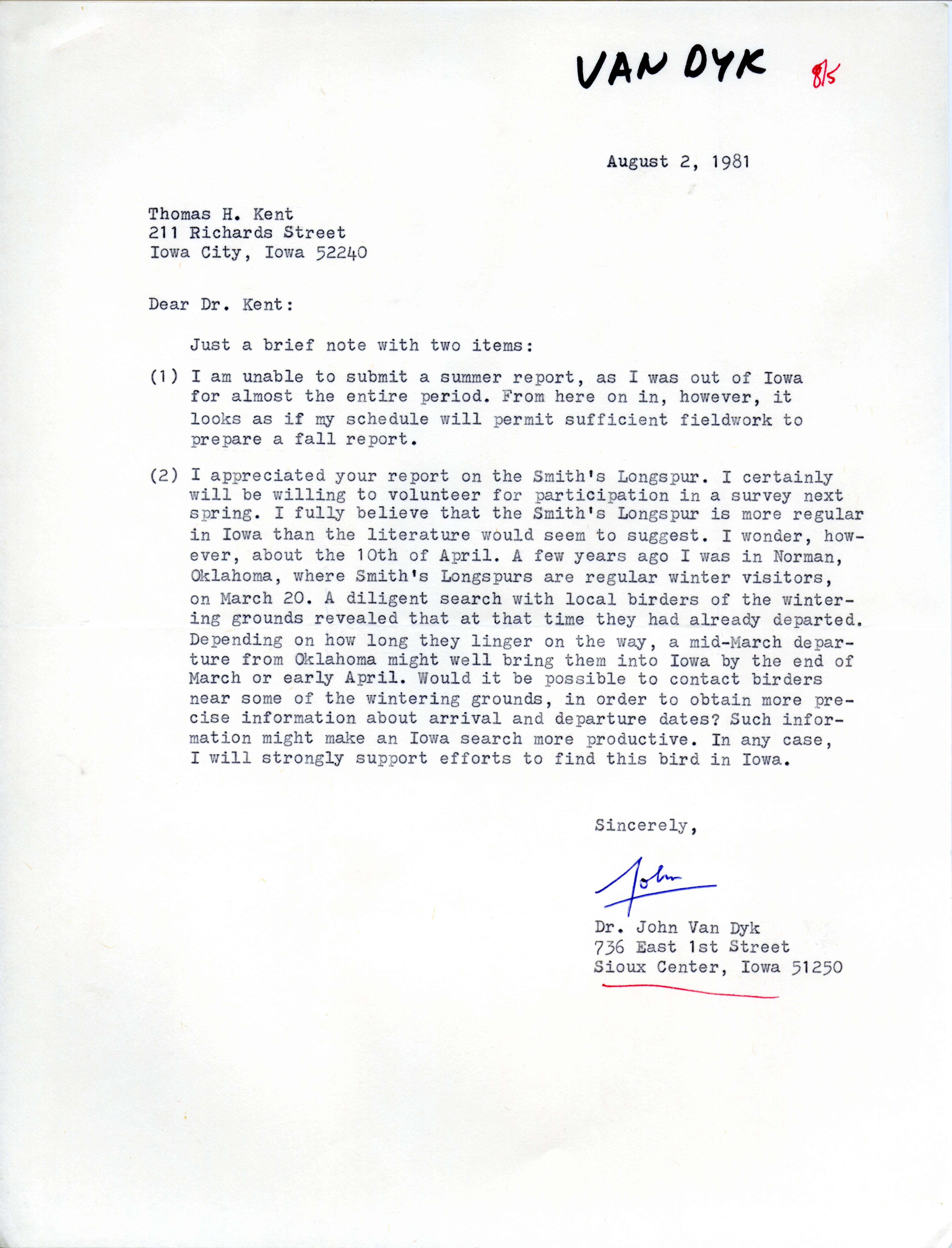 John Van Dyk letter to Thomas H. Kent regarding no summer bird sightings, August 2, 1981