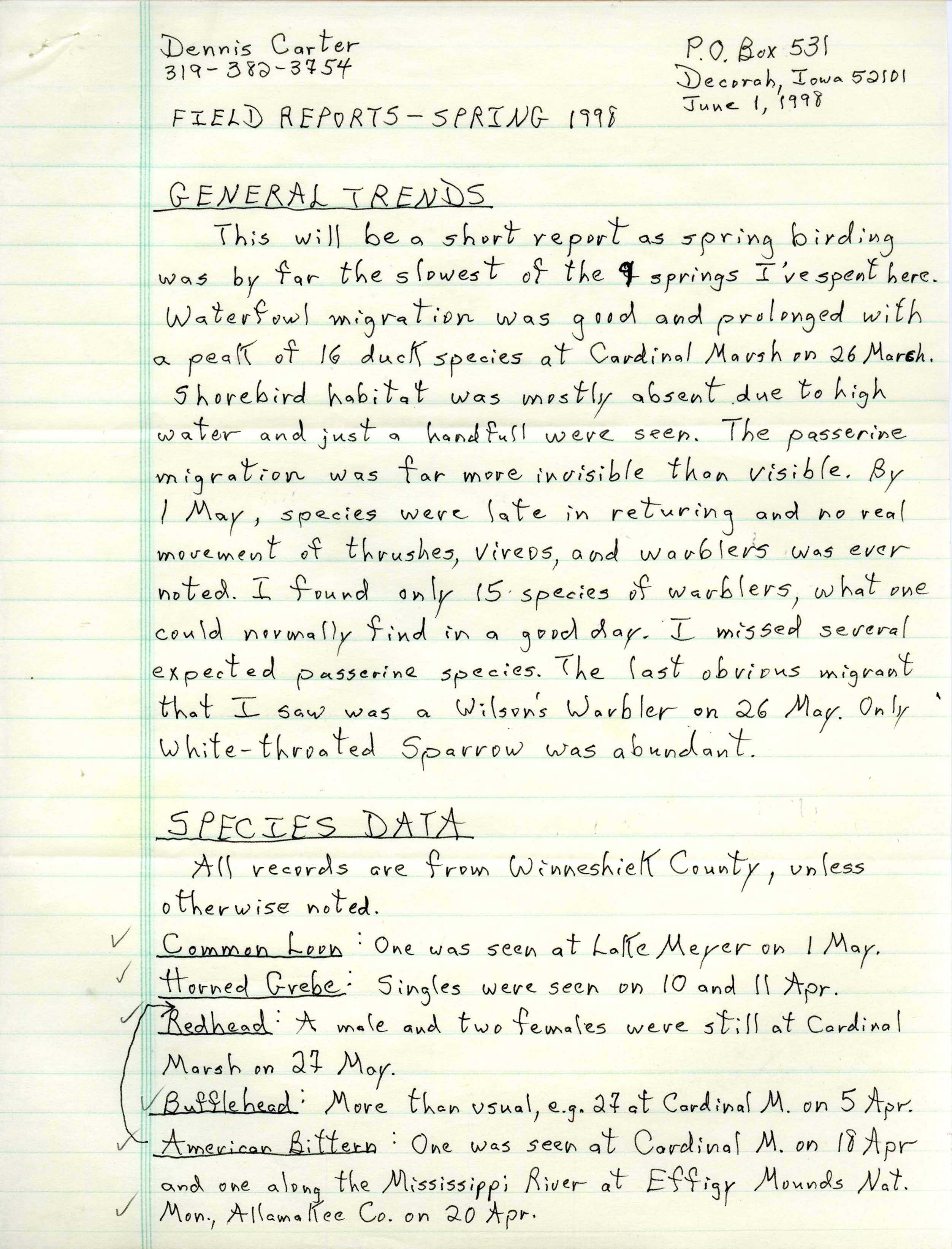 Field reports, spring 1998, Dennis Carter
