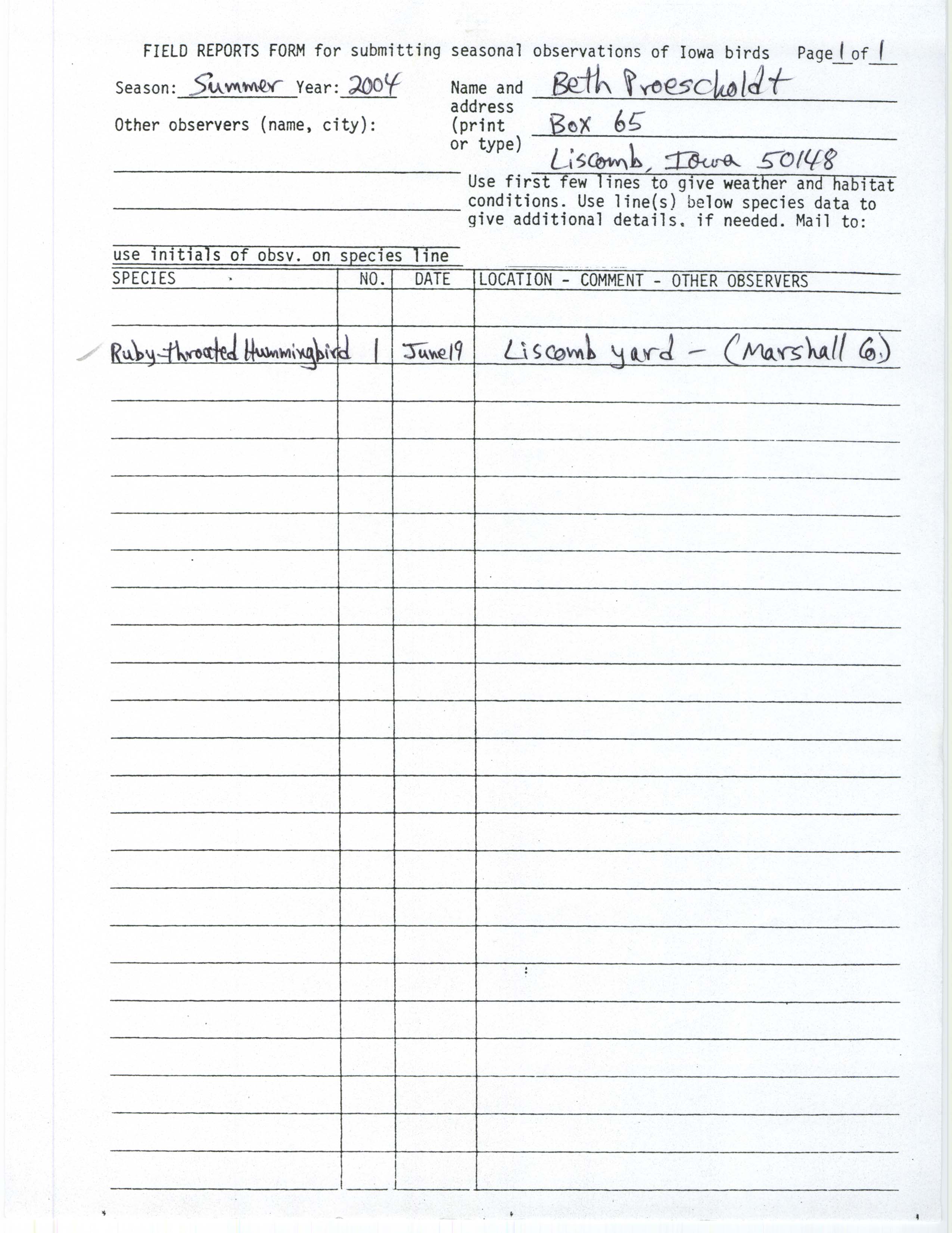 Field reports form for submitting seasonal observations of Iowa birds, Beth Proescholdt, summer 2004