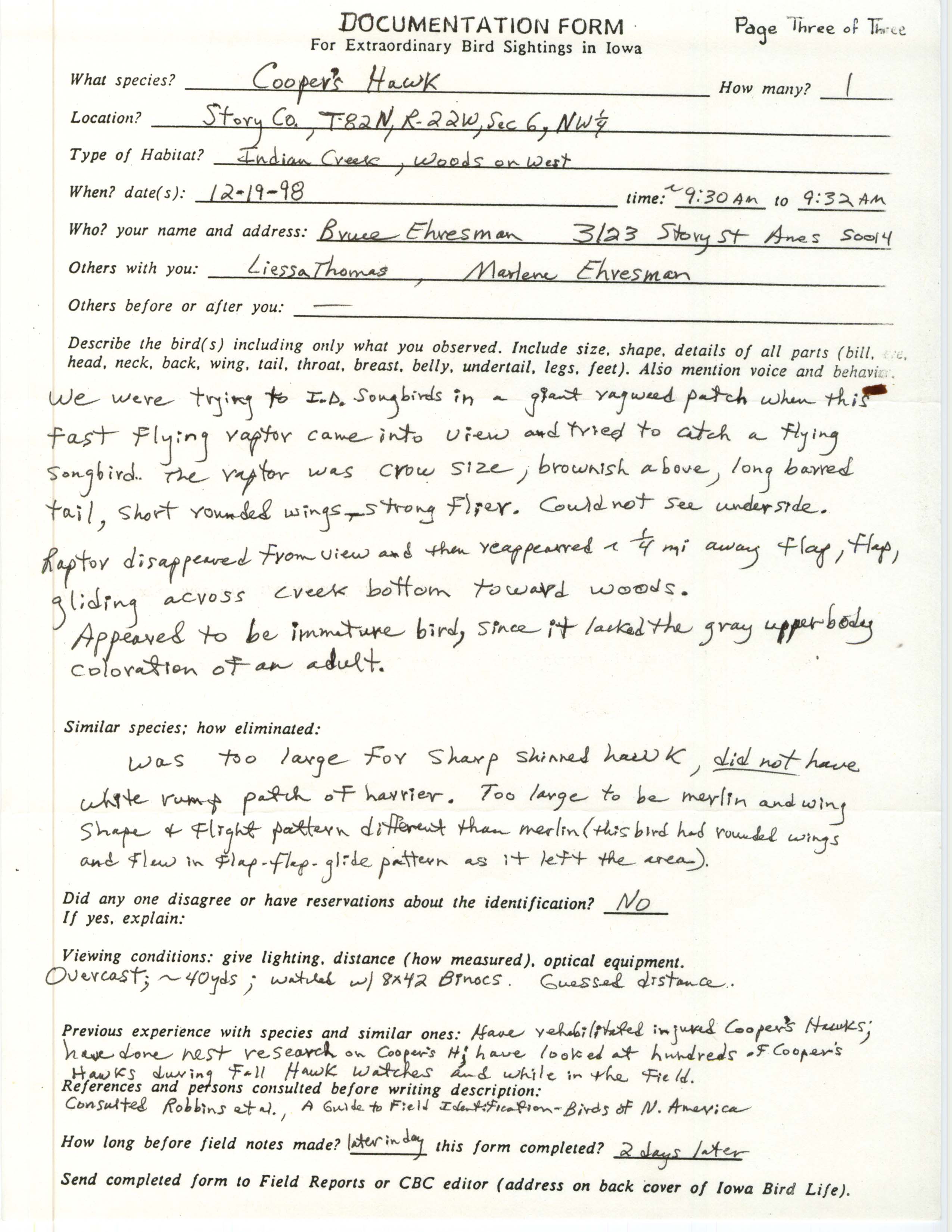 Rare bird documentation form for Cooper's Hawk at Story County, 1998