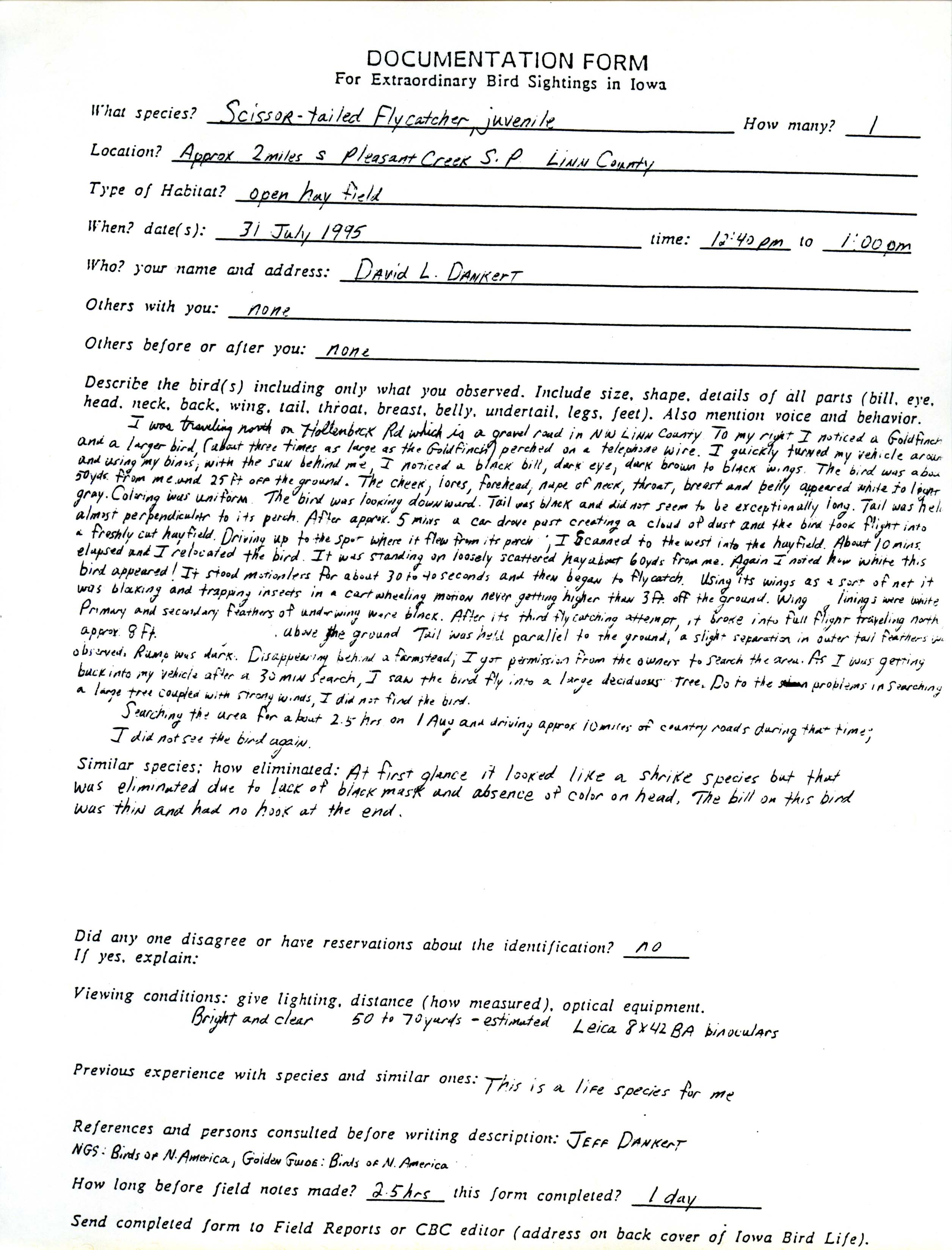 Documentation form for extraordinary bird sightings in Iowa, Scissor-tailed Flycatcher, July 31, 1995, David Dankert