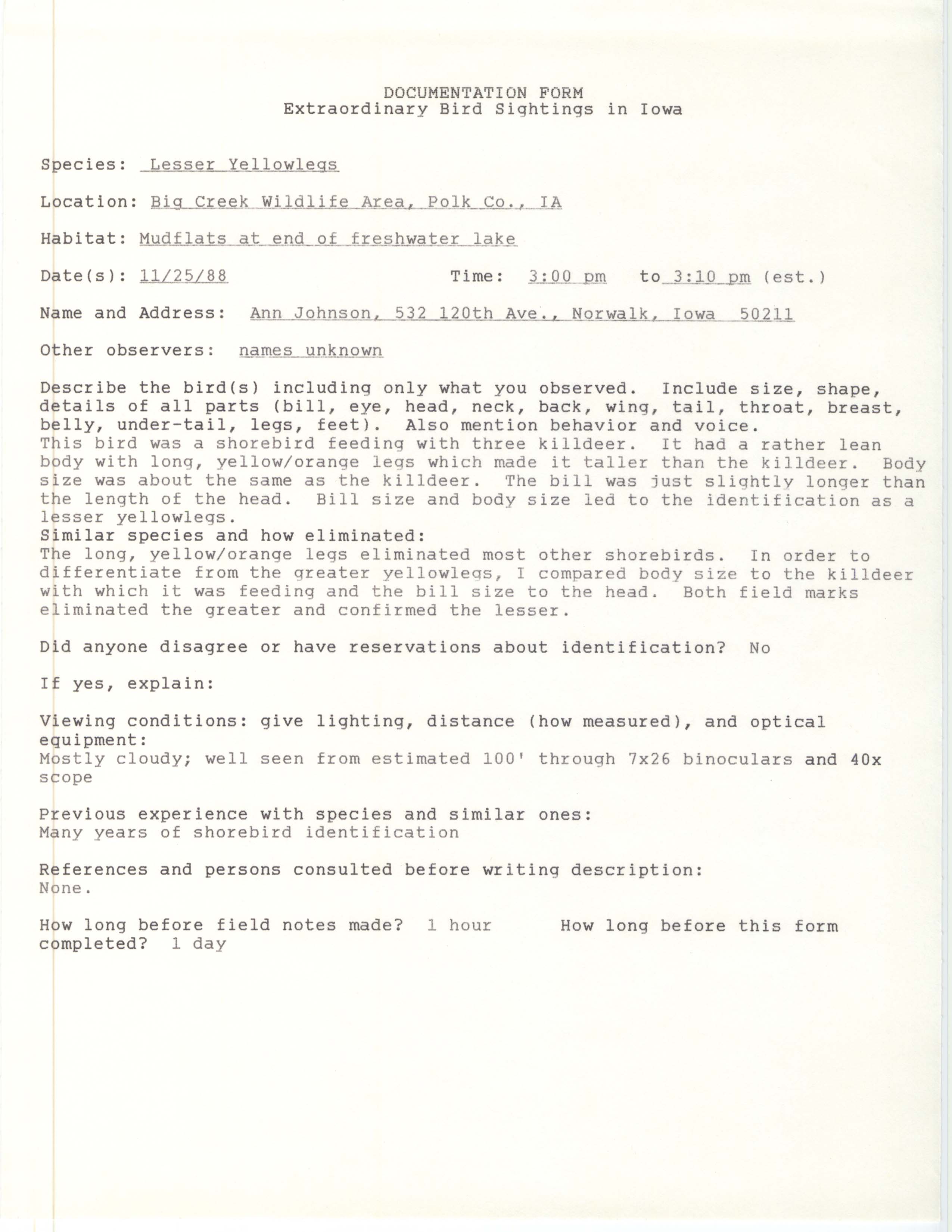 Rare bird documentation form for Lesser Yellowlegs at Big Creek Wildlife Area, 1988