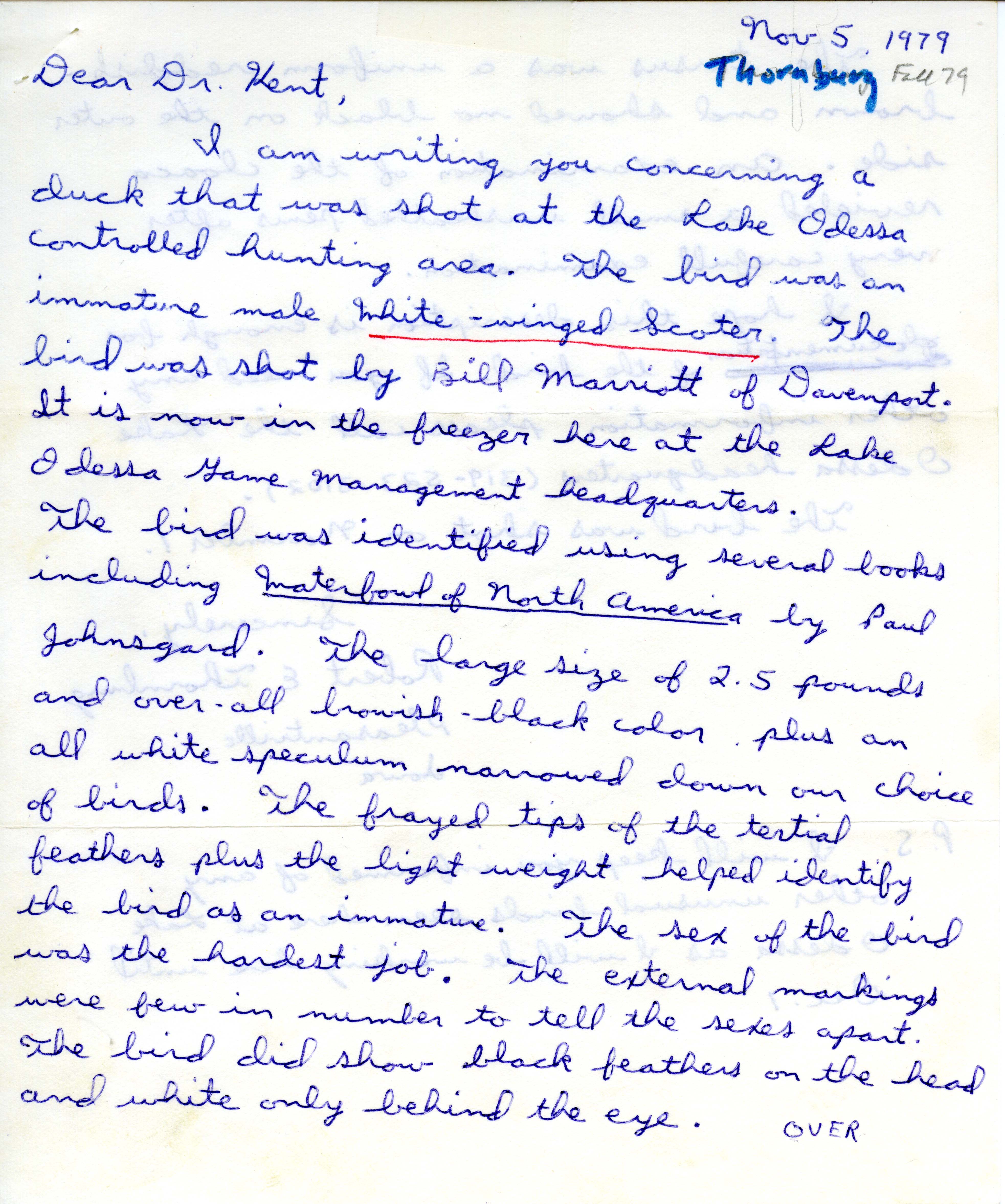 Robert E. Thornburg letter to Thomas H. Kent regarding a bird identification, November 5,1979