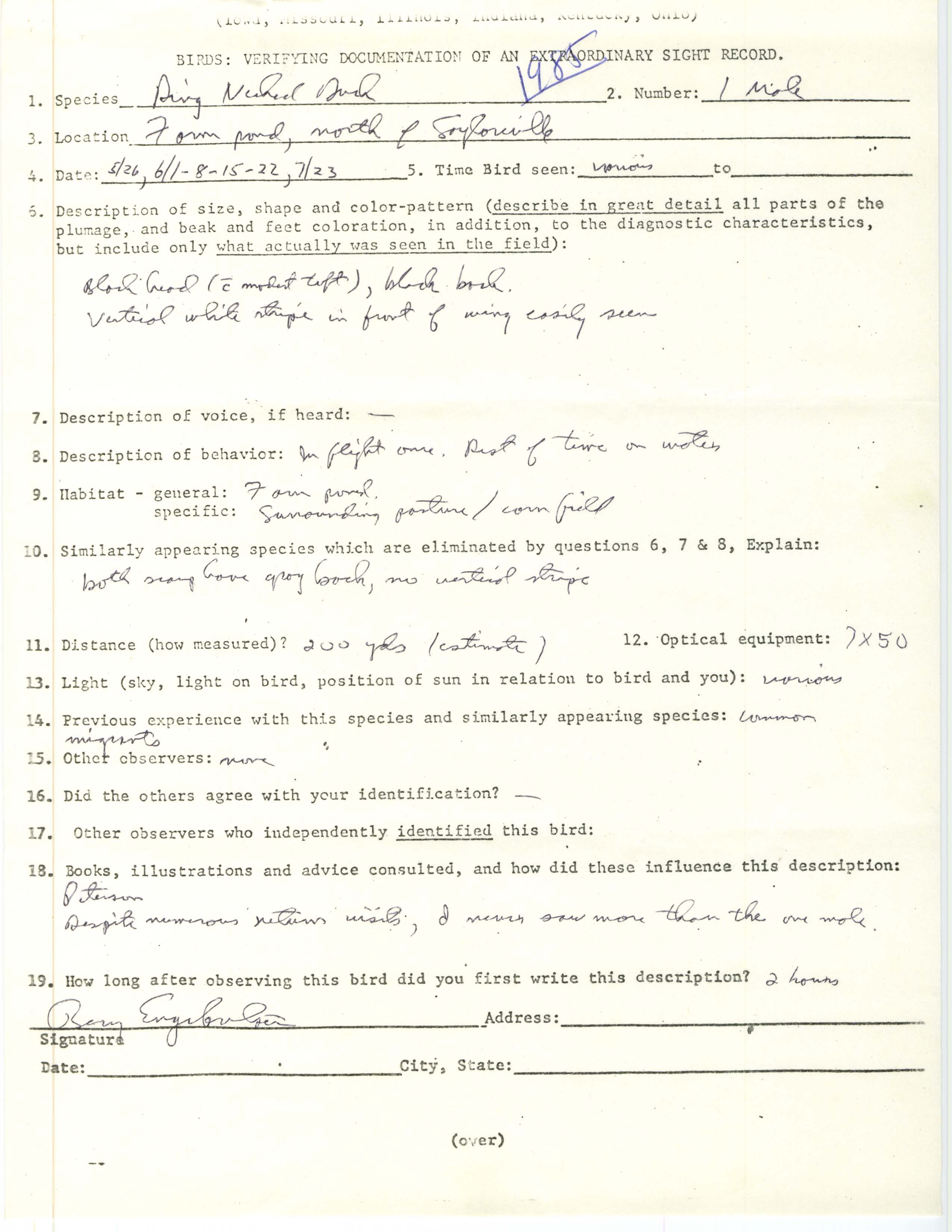 Rare bird documentation form for Ring-necked Duck at Saylorville, 1985