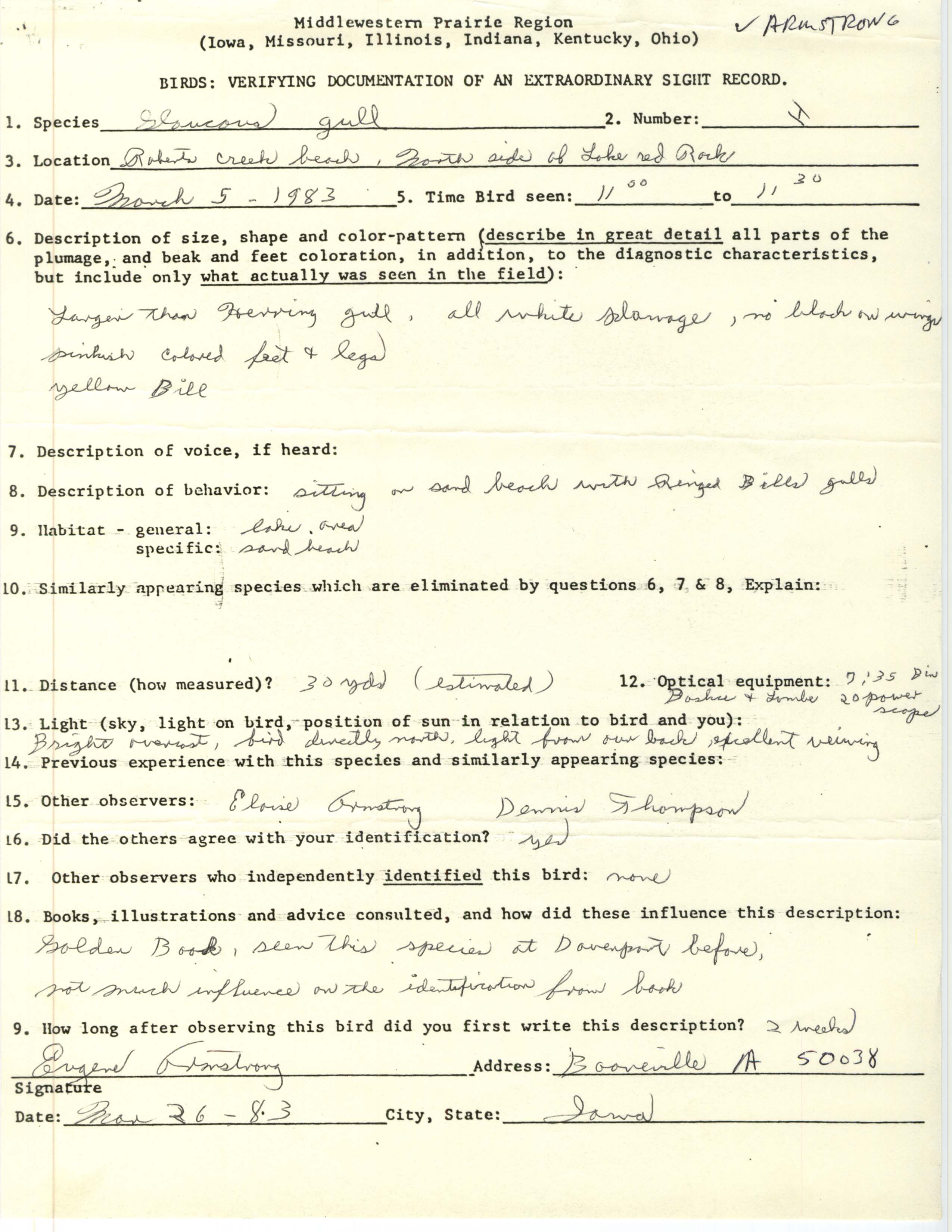 Rare bird documentation form for Glaucous Gull at Roberts Creek Beach at Lake Red Rock, 1983