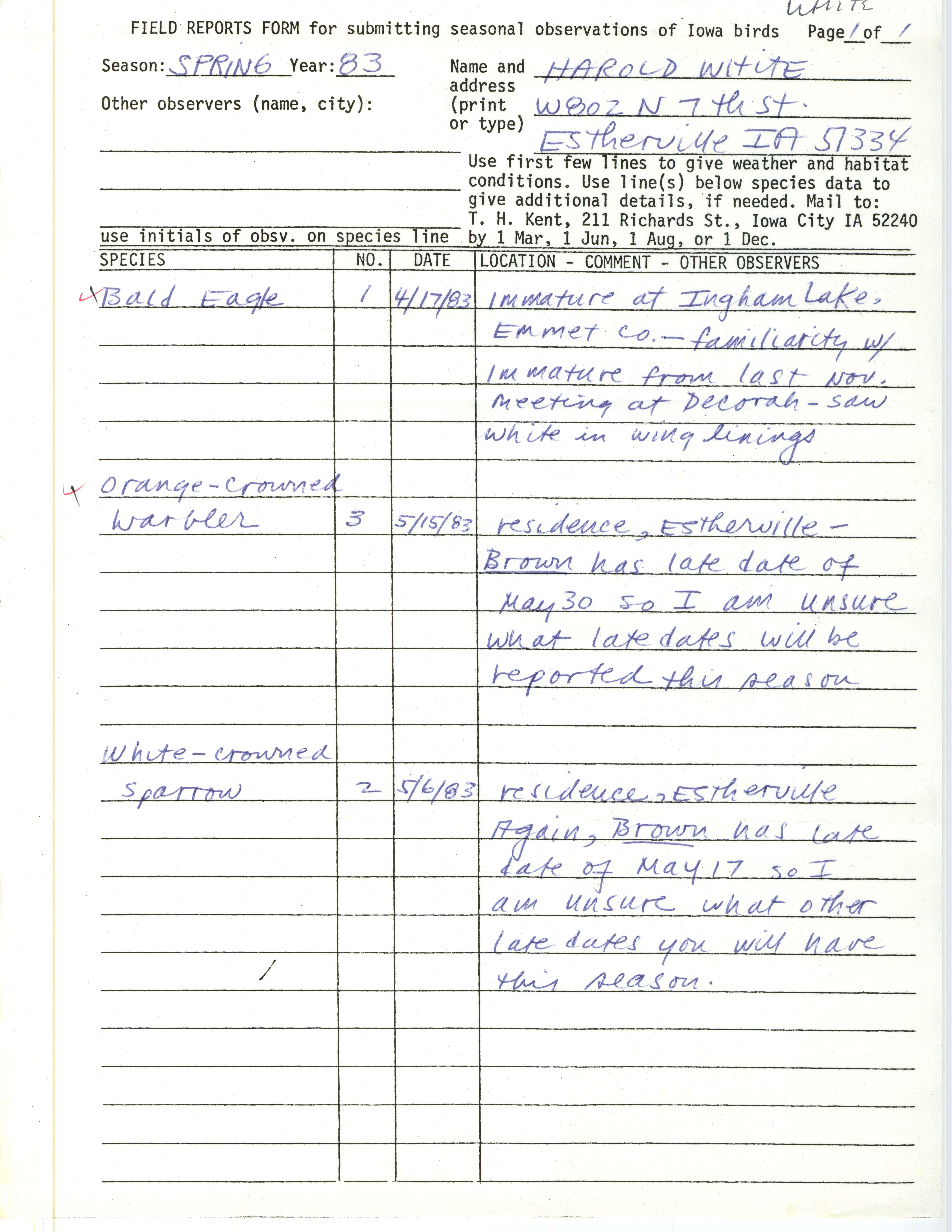 Field reports form for submitting seasonal observations of Iowa birds, Harold W. White, spring 1983