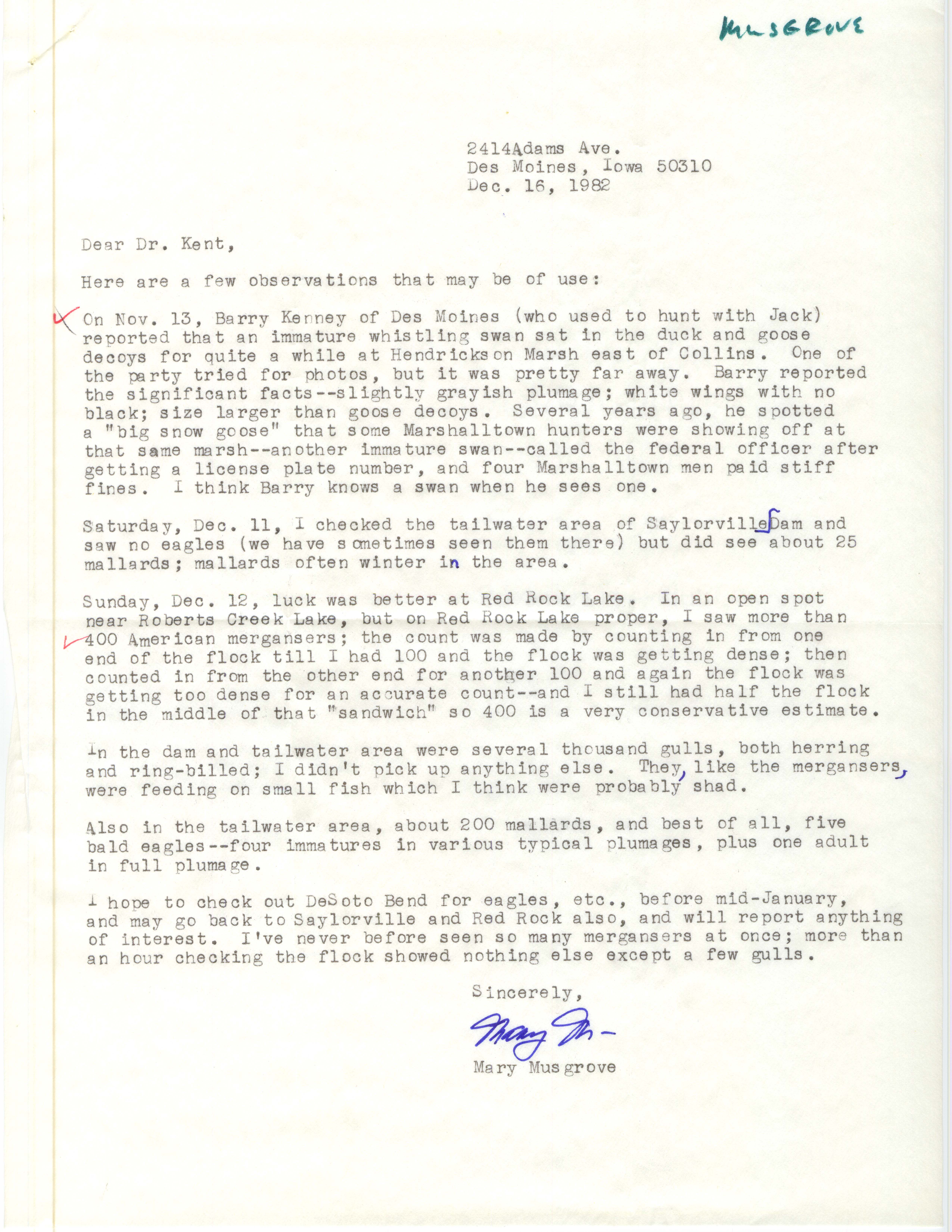 Mary R. Musgrove letter to Thomas H. Kent regarding winter bird sightings, December 16, 1982