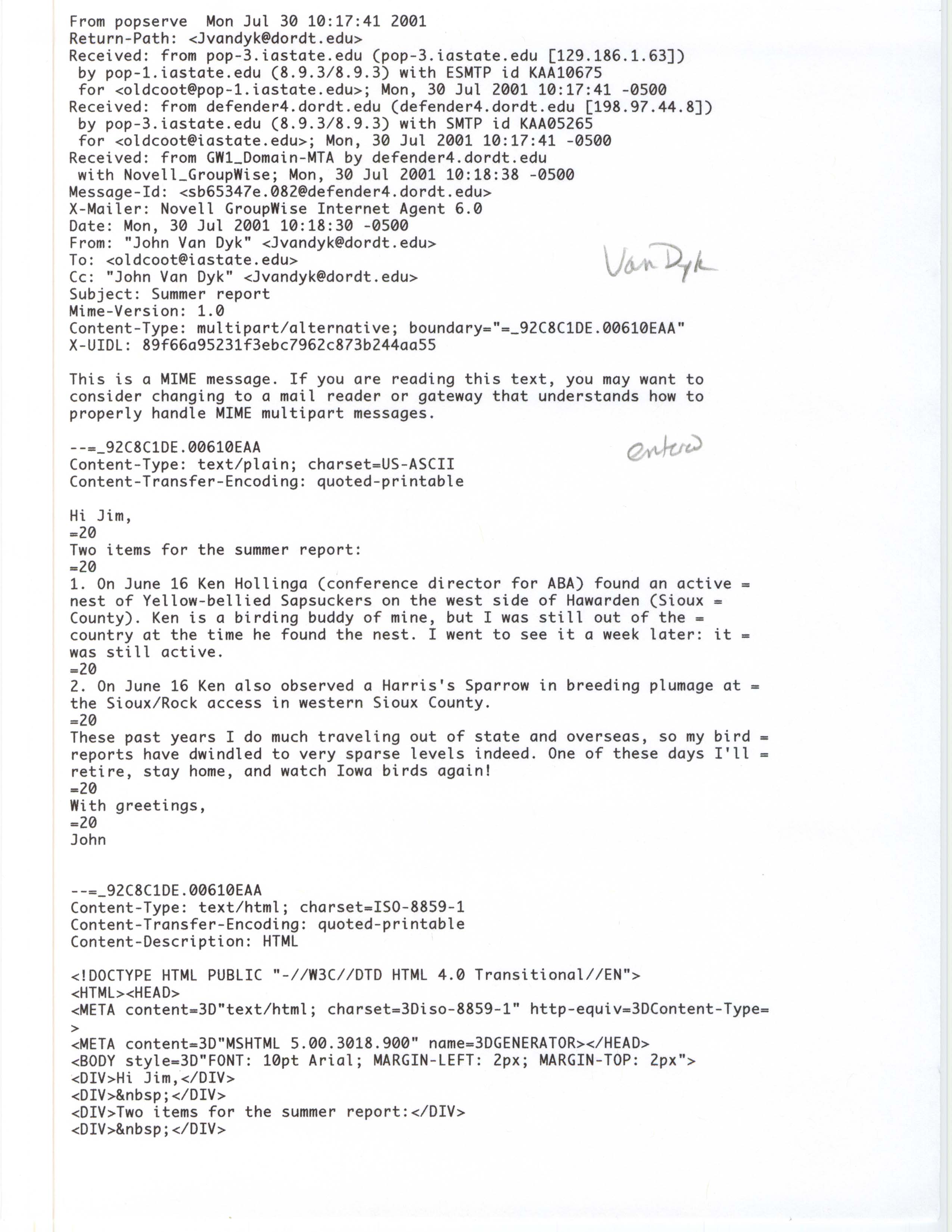 John Van Dyk email to James J. Dinsmore regarding bird sightings, July 30, 2001