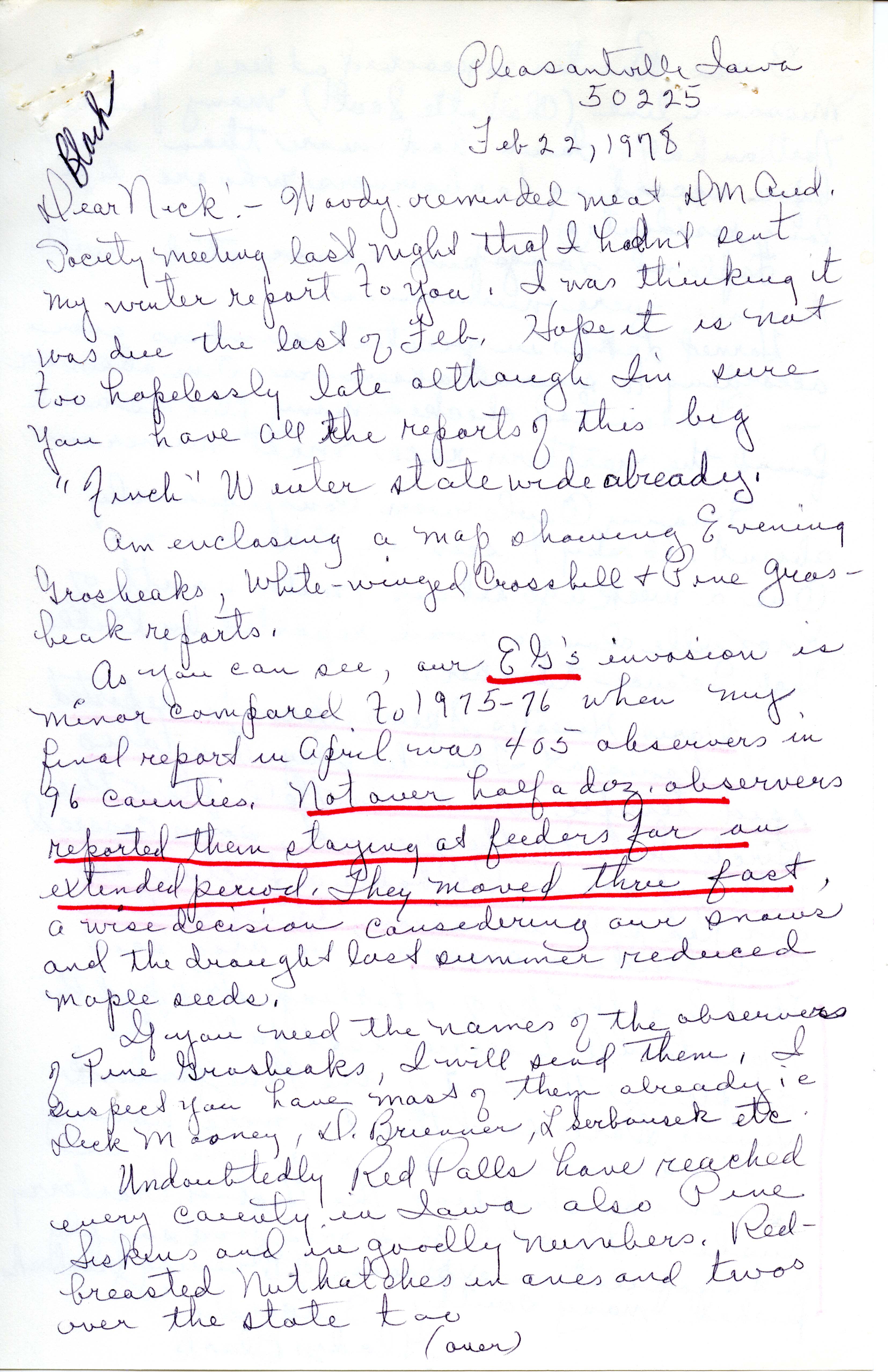 Gladys Black letter to Nicholas S. Halmi regarding bird sightings, February 22, 1978