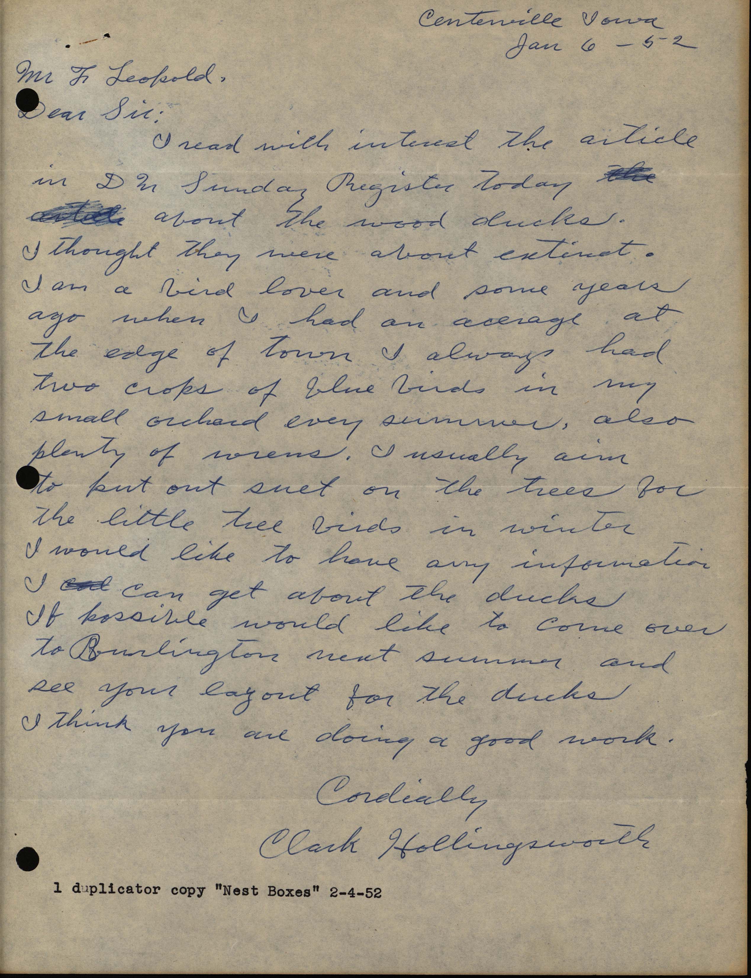 Clark Hollingsworth letter to Frederic Leopold regarding a request for information on Wood Ducks, January 6, 1952