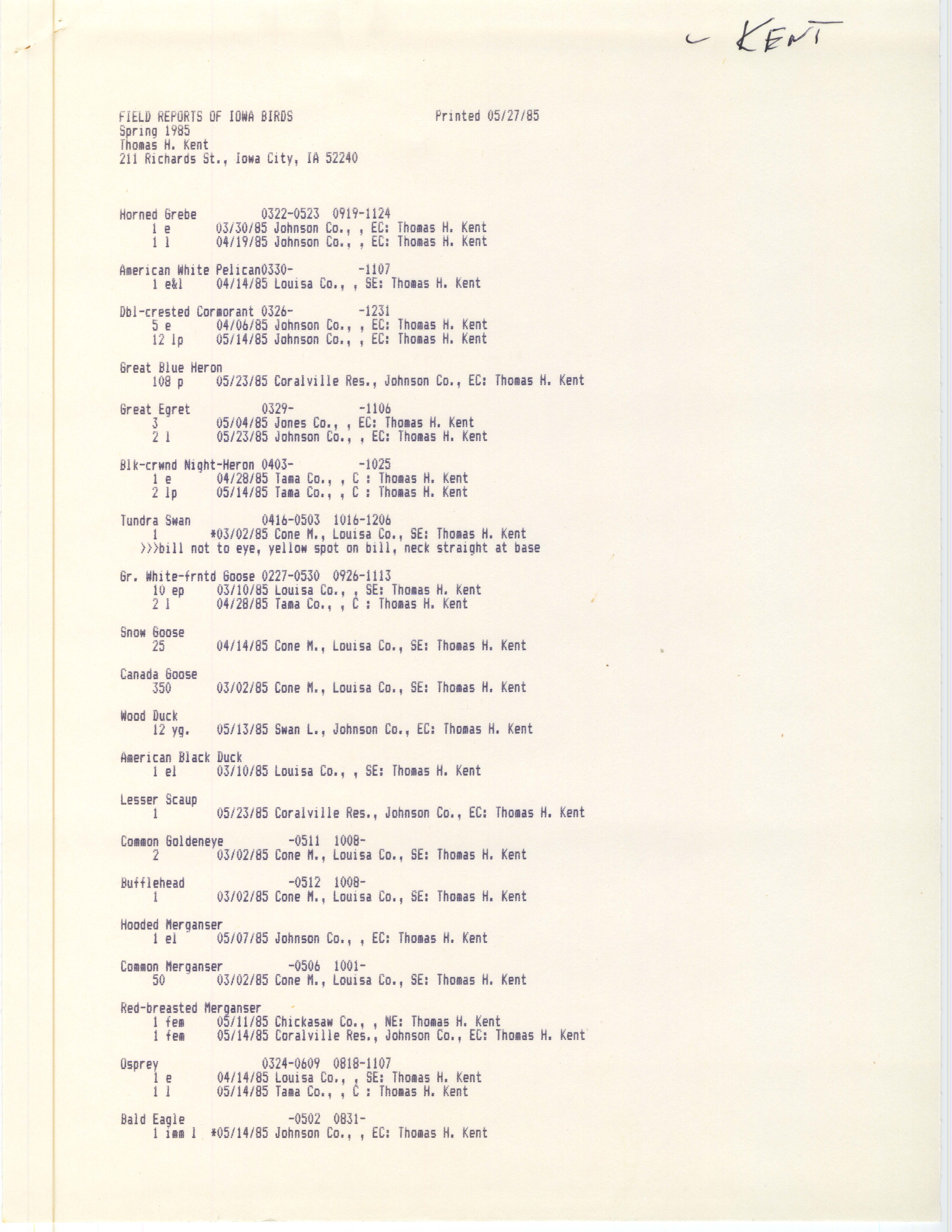 Field report of Iowa birds, May 27, 1985