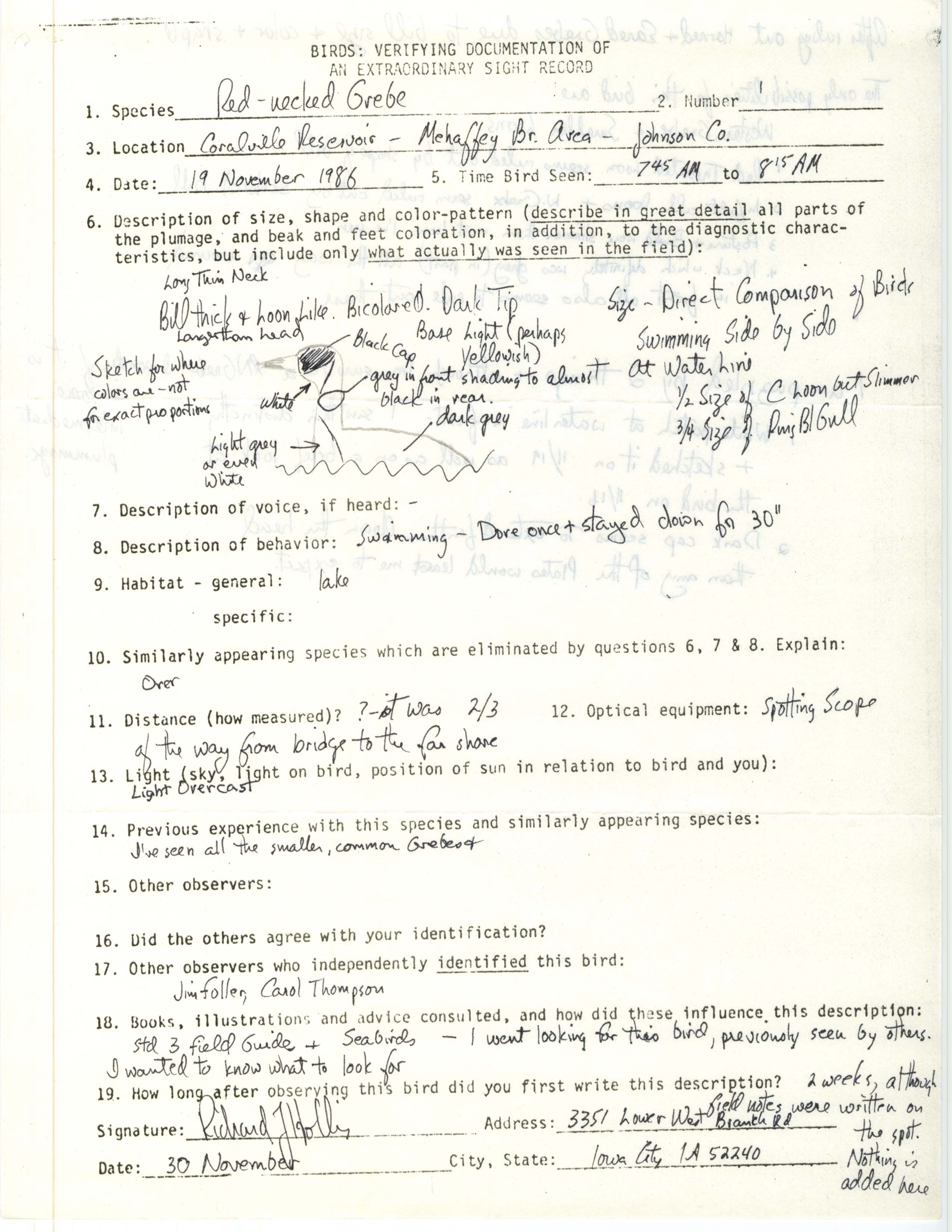 Rare bird documentation form for Red-necked Grebe at the Mehaffey Bridge area at Coralville Reservoir, 1986