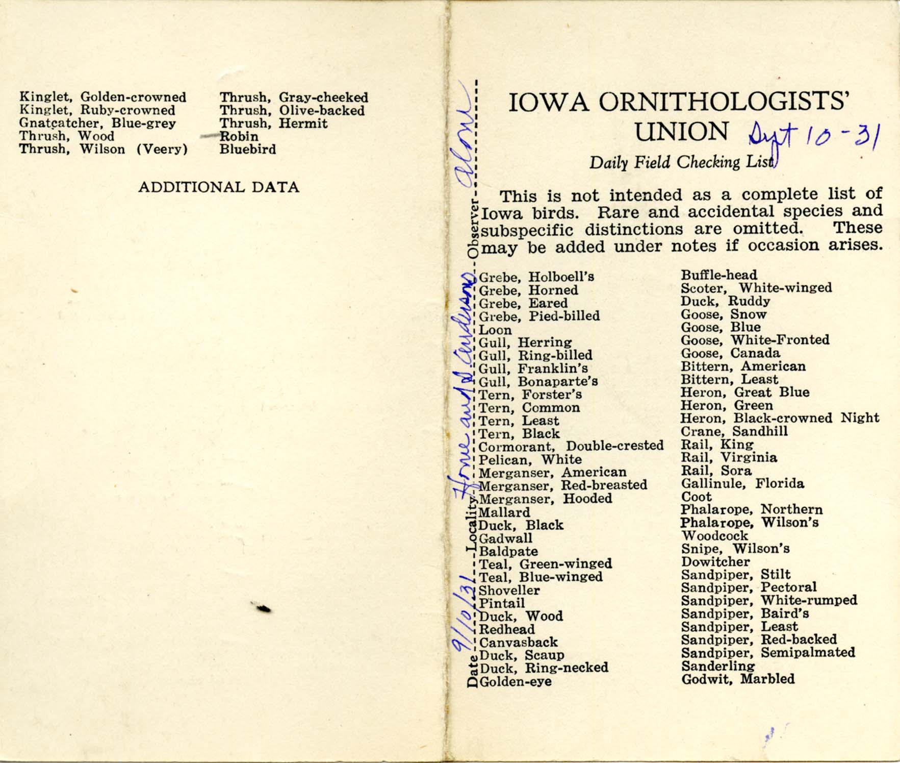 Daily field checking list, Walter Rosene, September 10, 1931