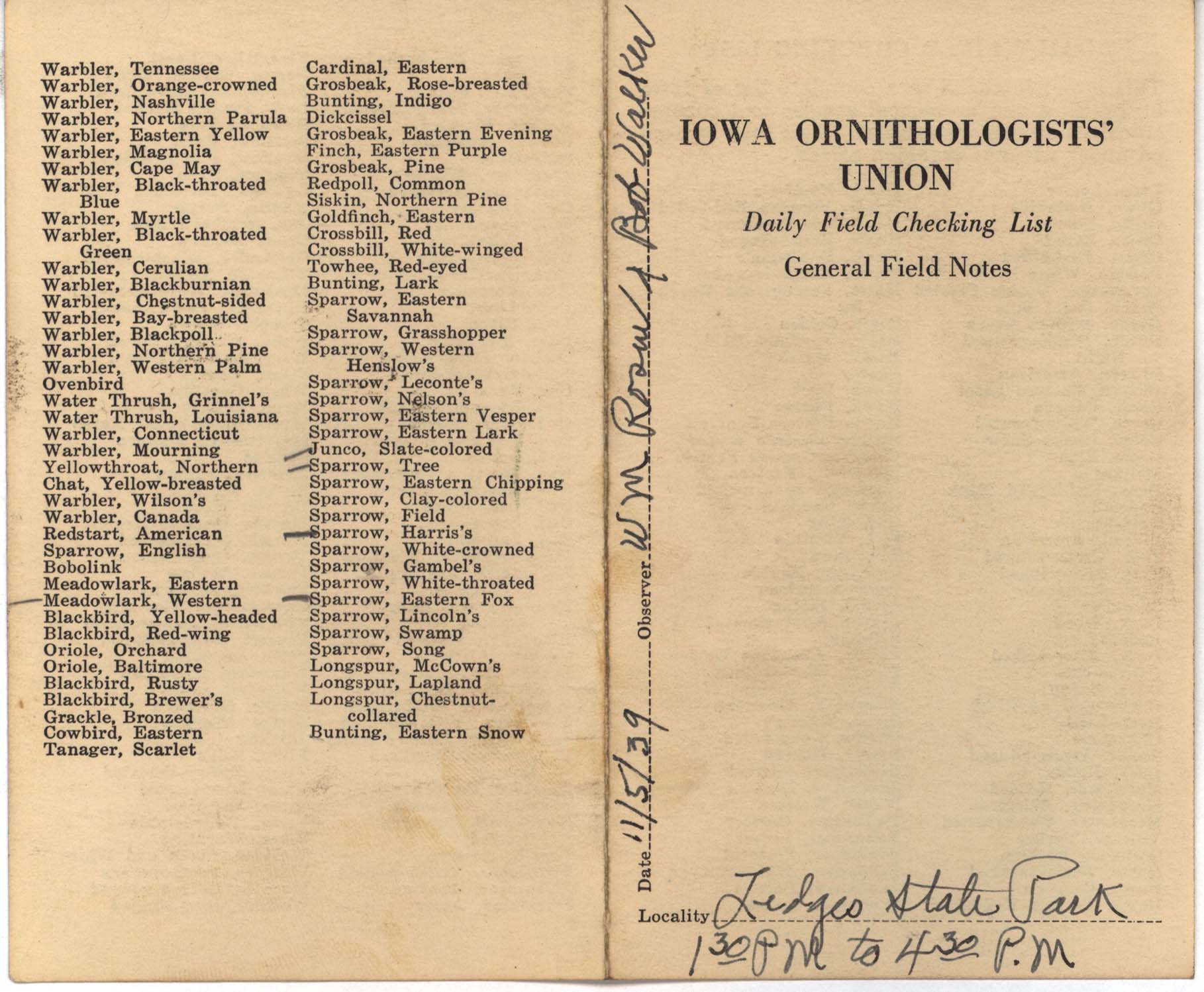 Daily field checking list by Walter Rosene, November 5, 1939