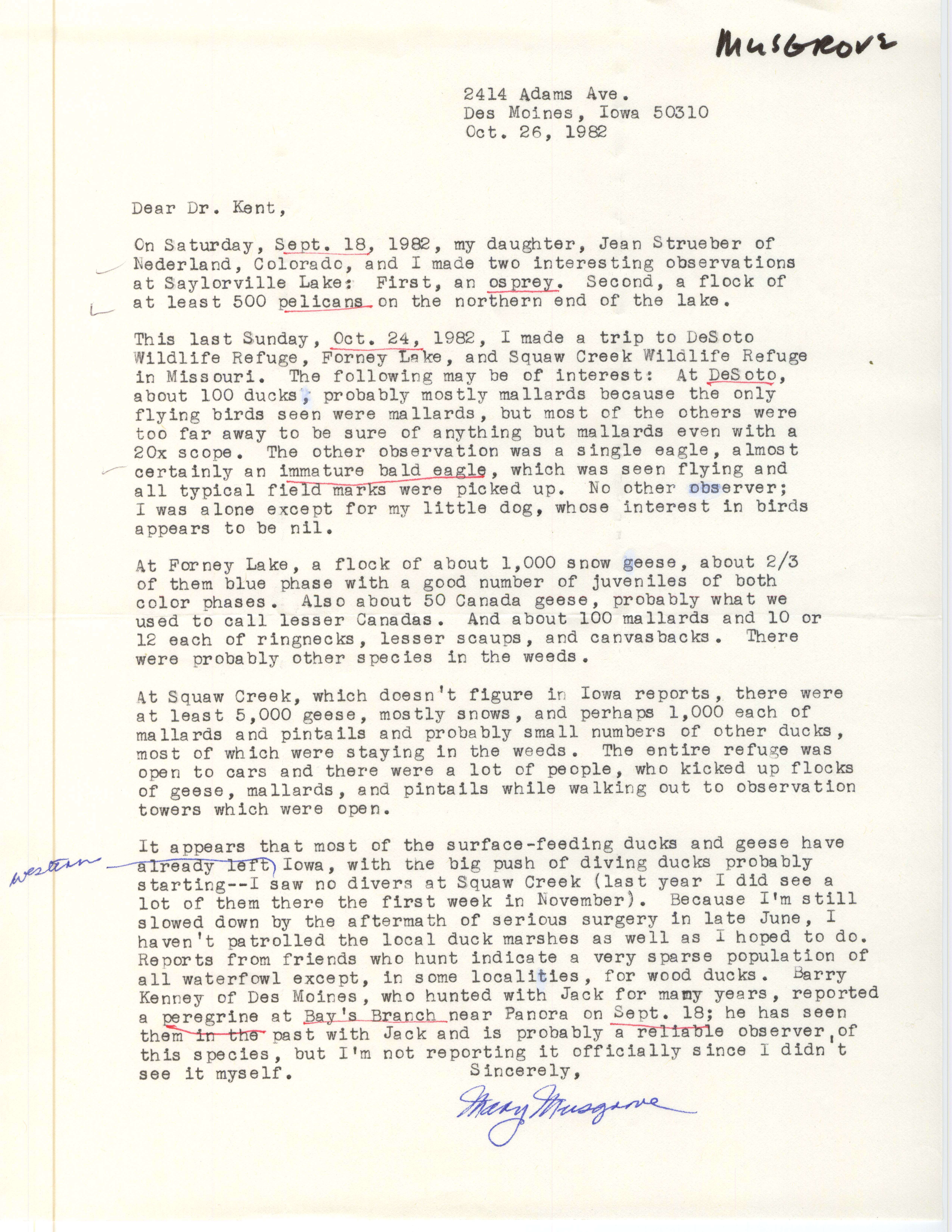 Mary R. Musgrove letter to Thomas H. Kent regarding field notes, October 26, 1982