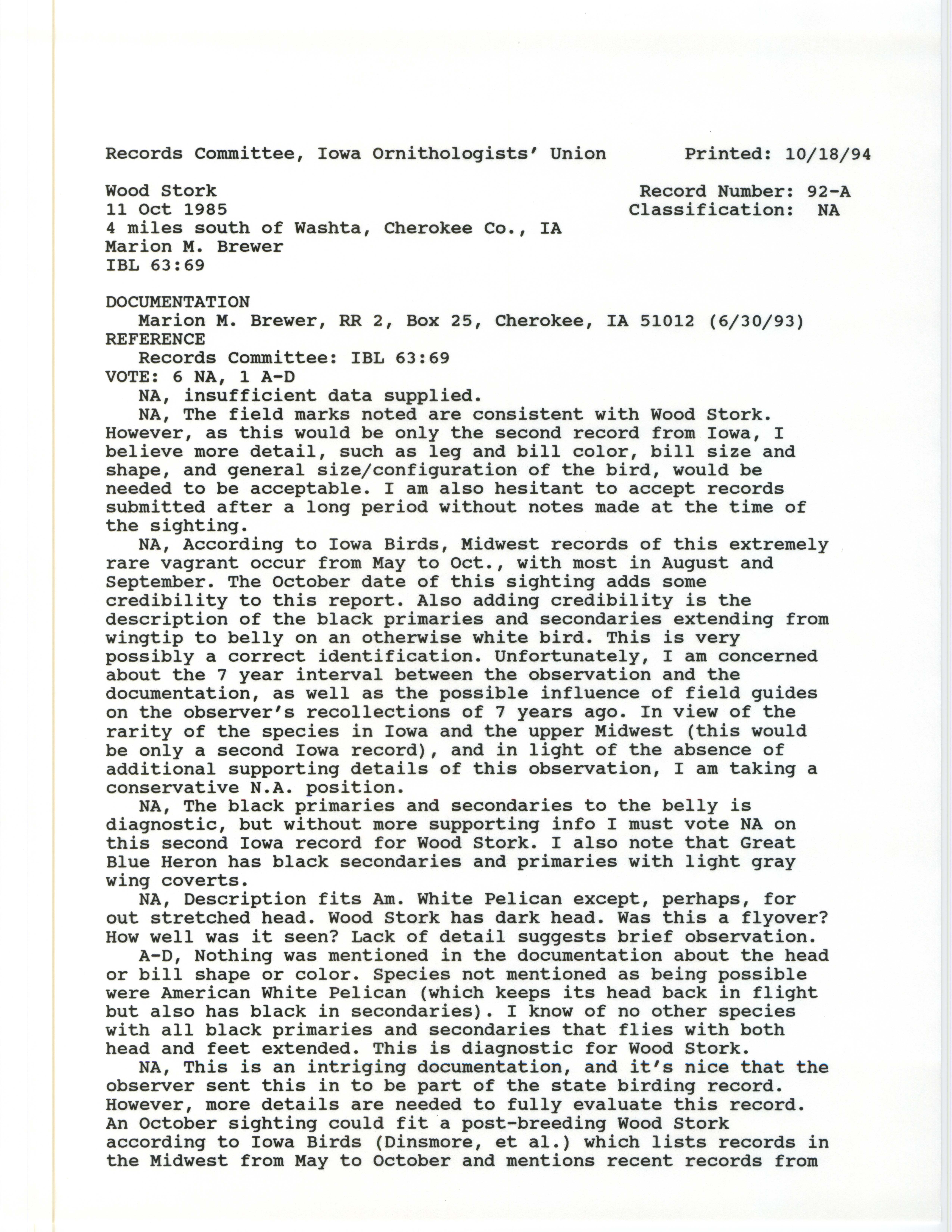 Records Committee review for rare bird sighting of Wood Stork at Washta, 1985