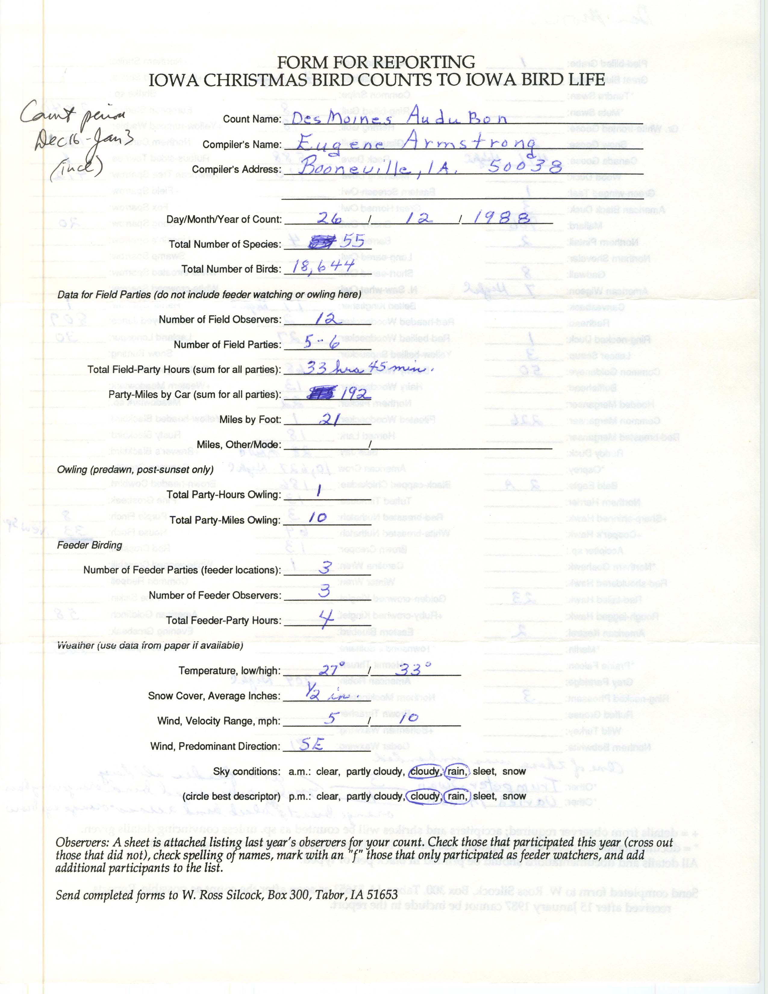 Form for reporting Iowa Christmas bird counts to Iowa Bird Life, Eugene Armstrong, December 26, 1988