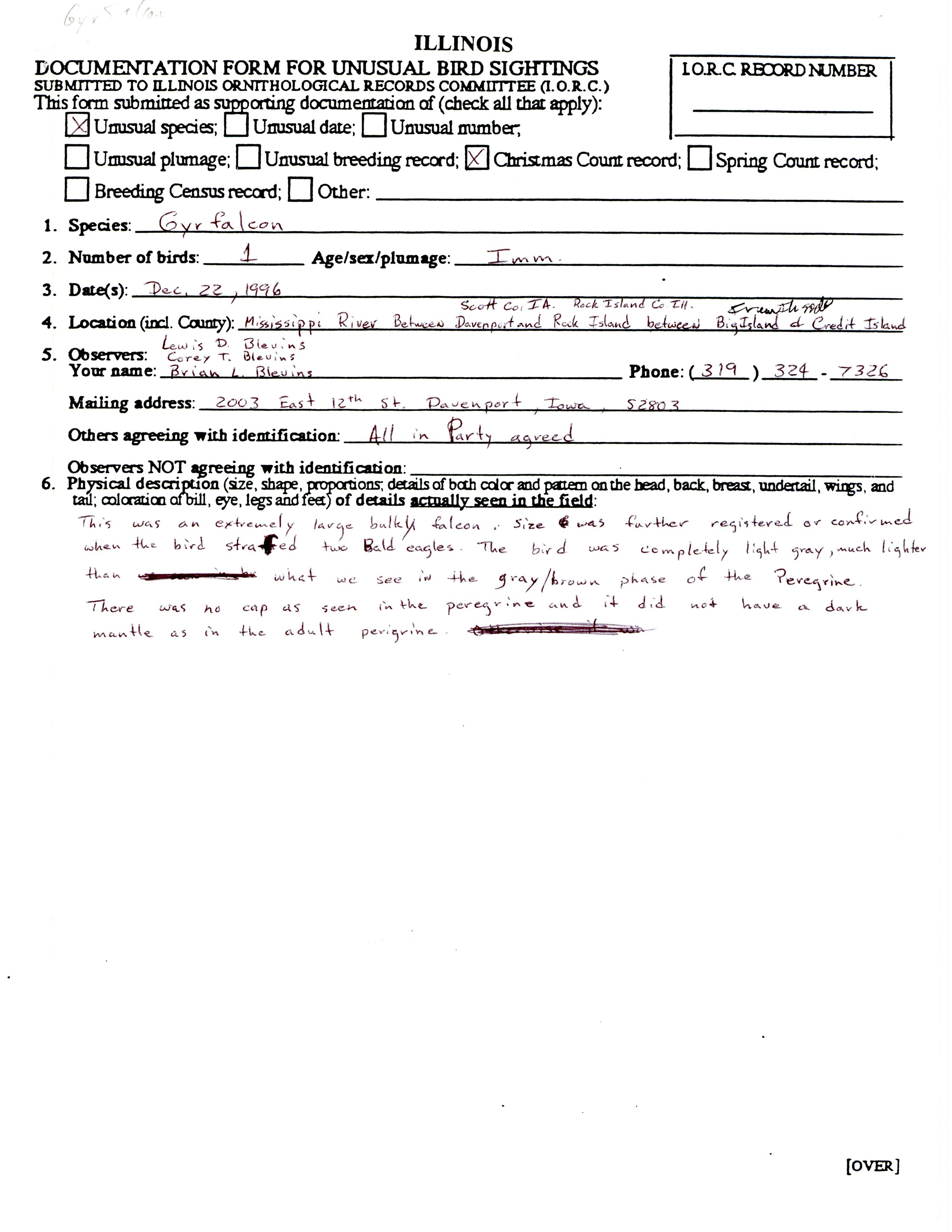 Rare bird documentation form for Gyrfalcon on the Mississippi River between Davenport and Rock Island, IL, 1996